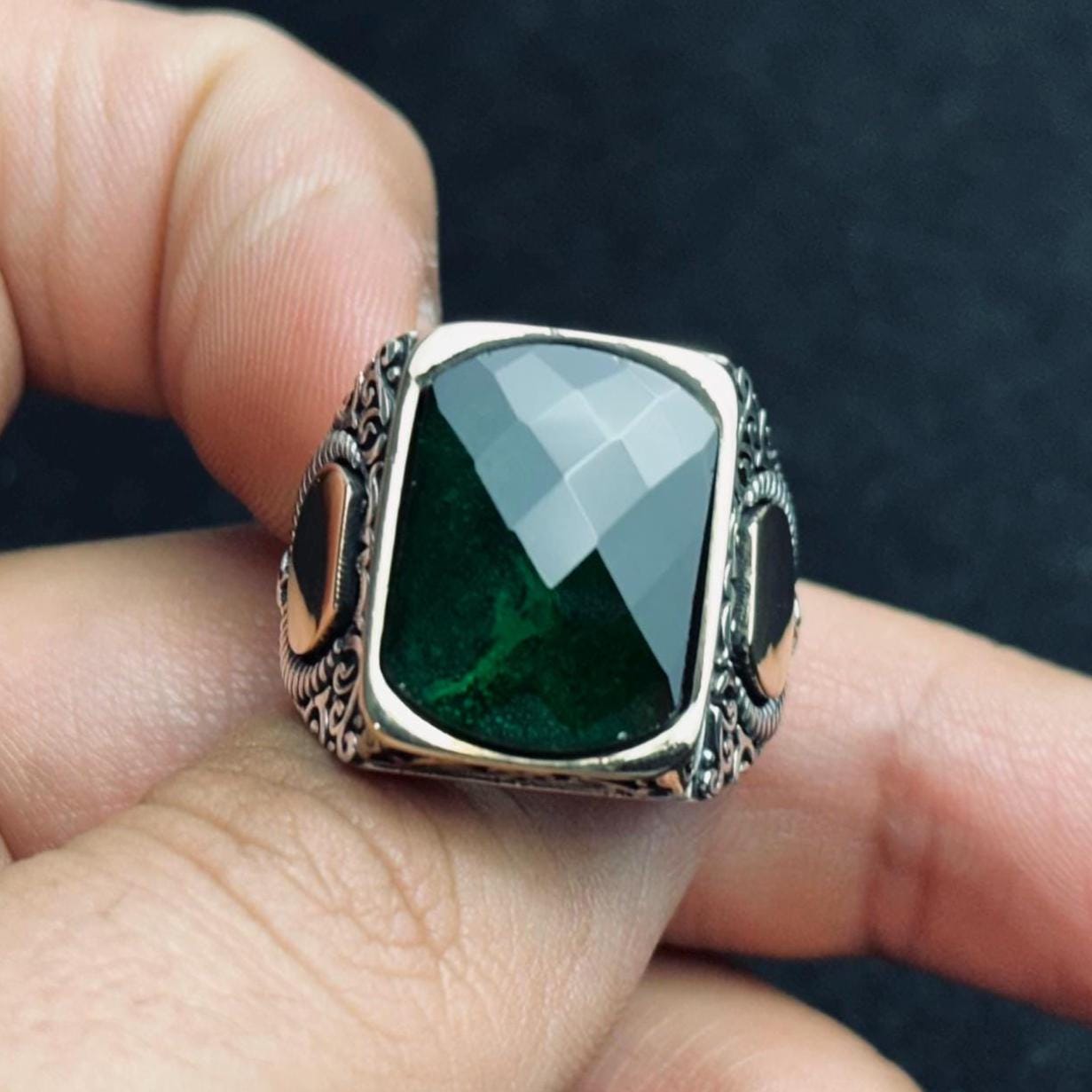 Men’s Emerald Ring: Square Stone, Crescent Star - Sterling Silver