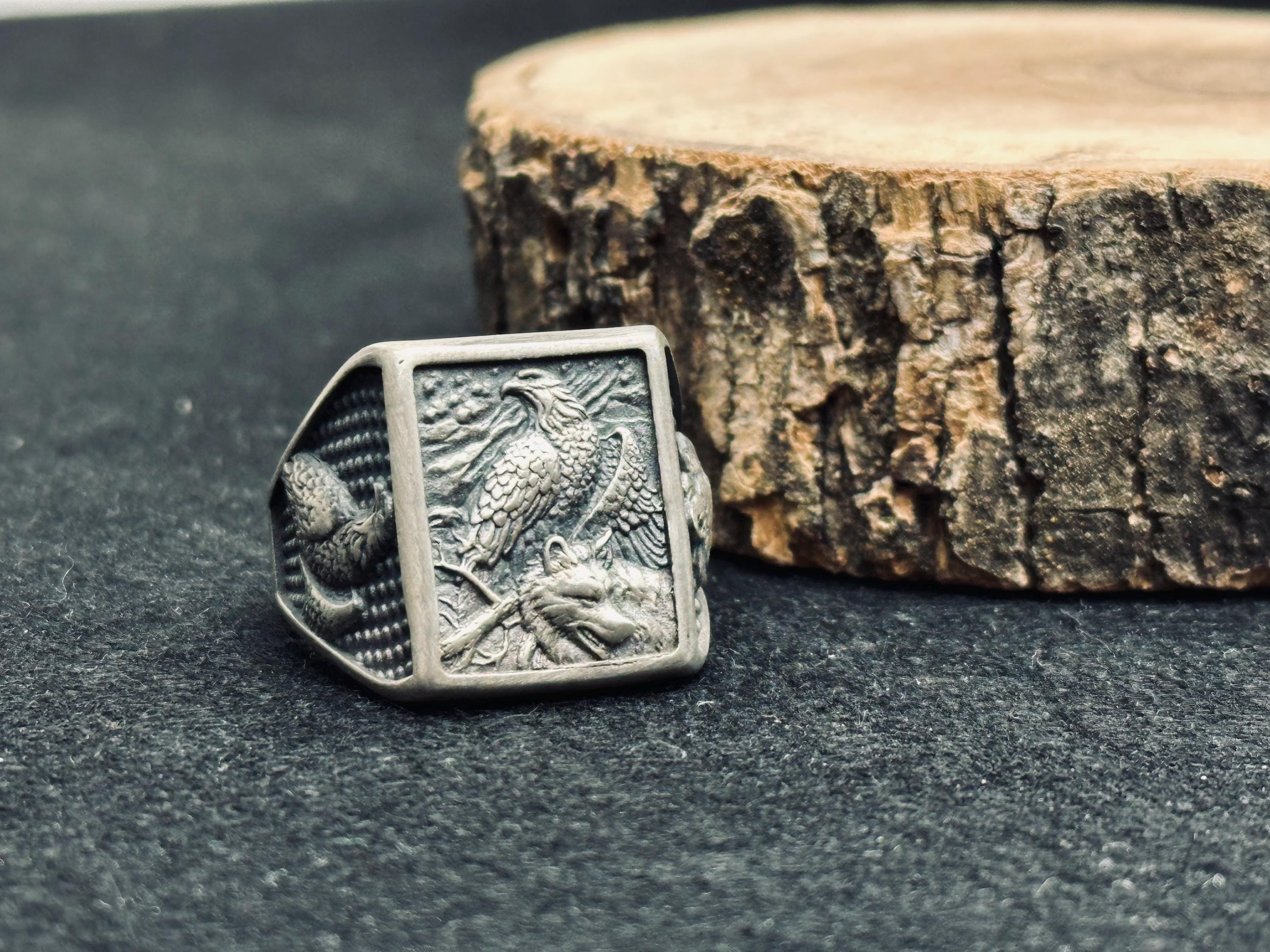Square Eagle Ring: Sterling Silver Handmade - Patriotic Statement
