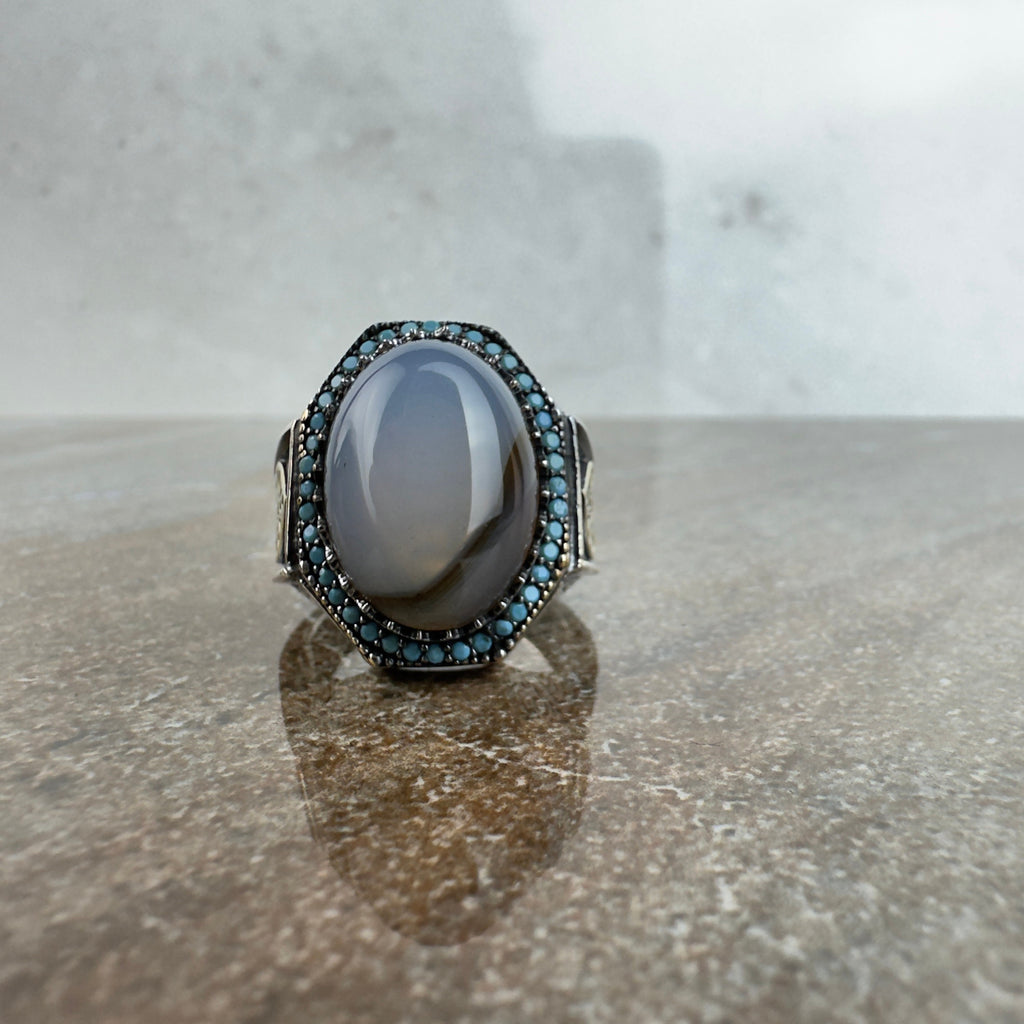Yemenni Aqeeq Silver Ring - Handmade Men's Gemstone Jewelry