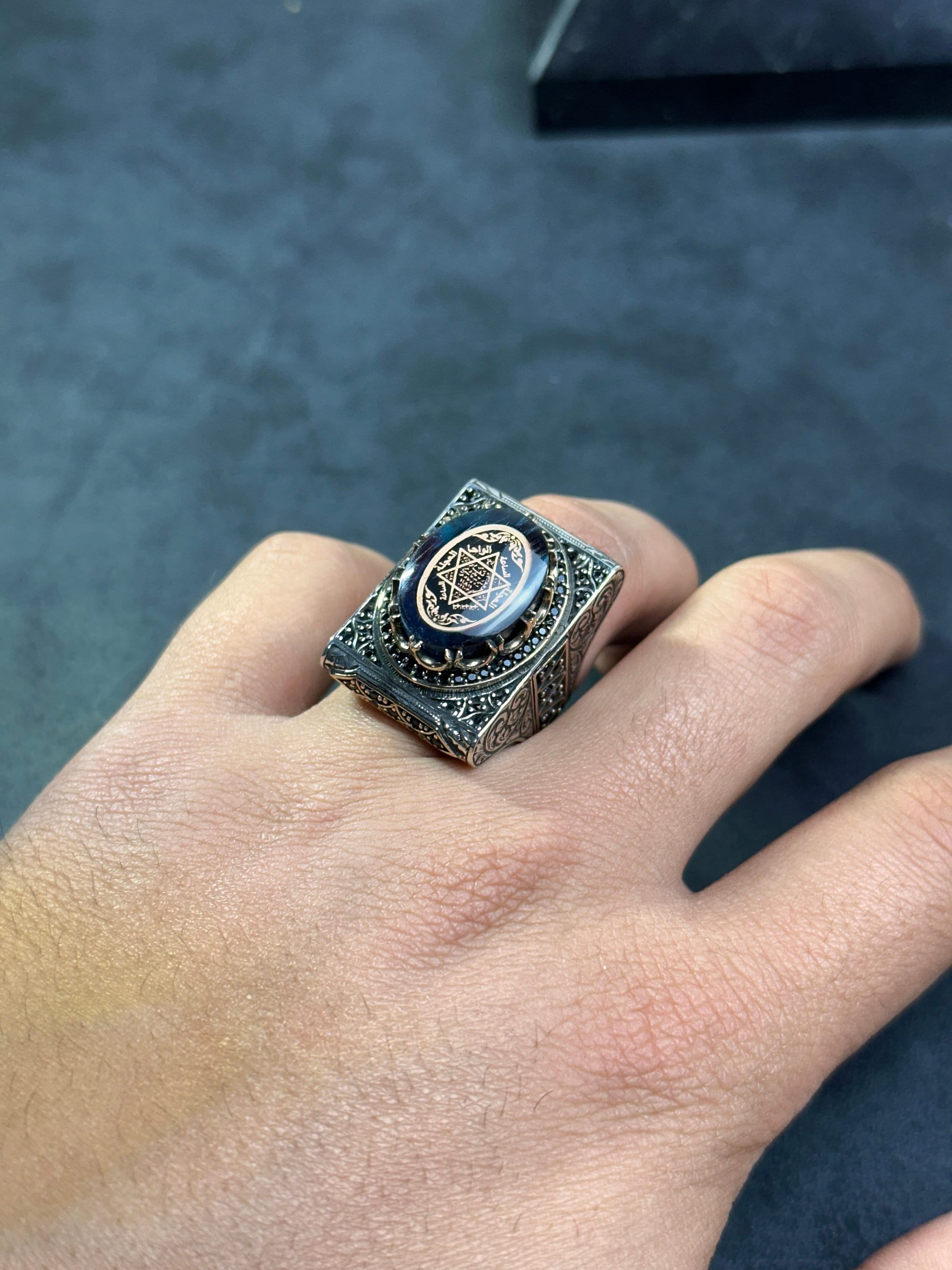 Solomon Seal Ring - Sterling Silver Amber Stone for Men