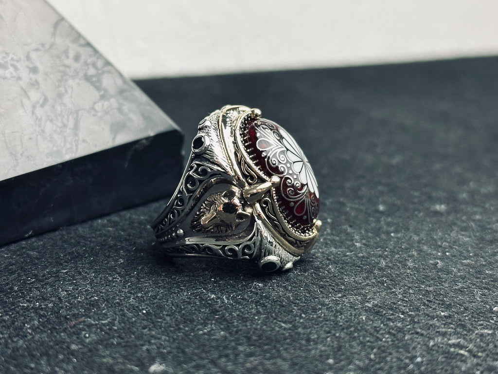 Red Enamel Ottoman Ring, 925 Sterling Silver, Turkish Jewelry