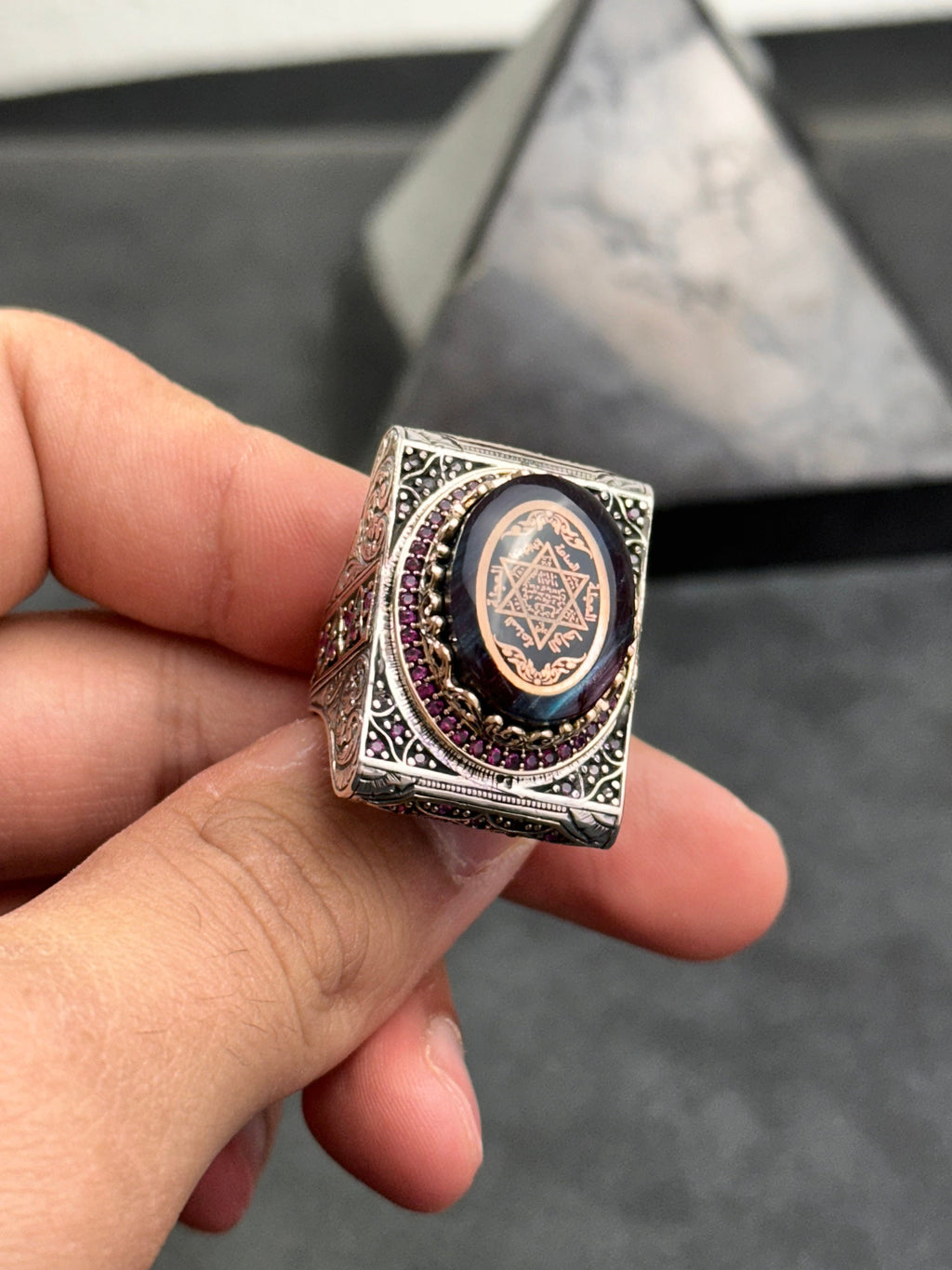 Solomon Seal Ring: Large Amber Stone - Sterling Silver Men’s Jewelry