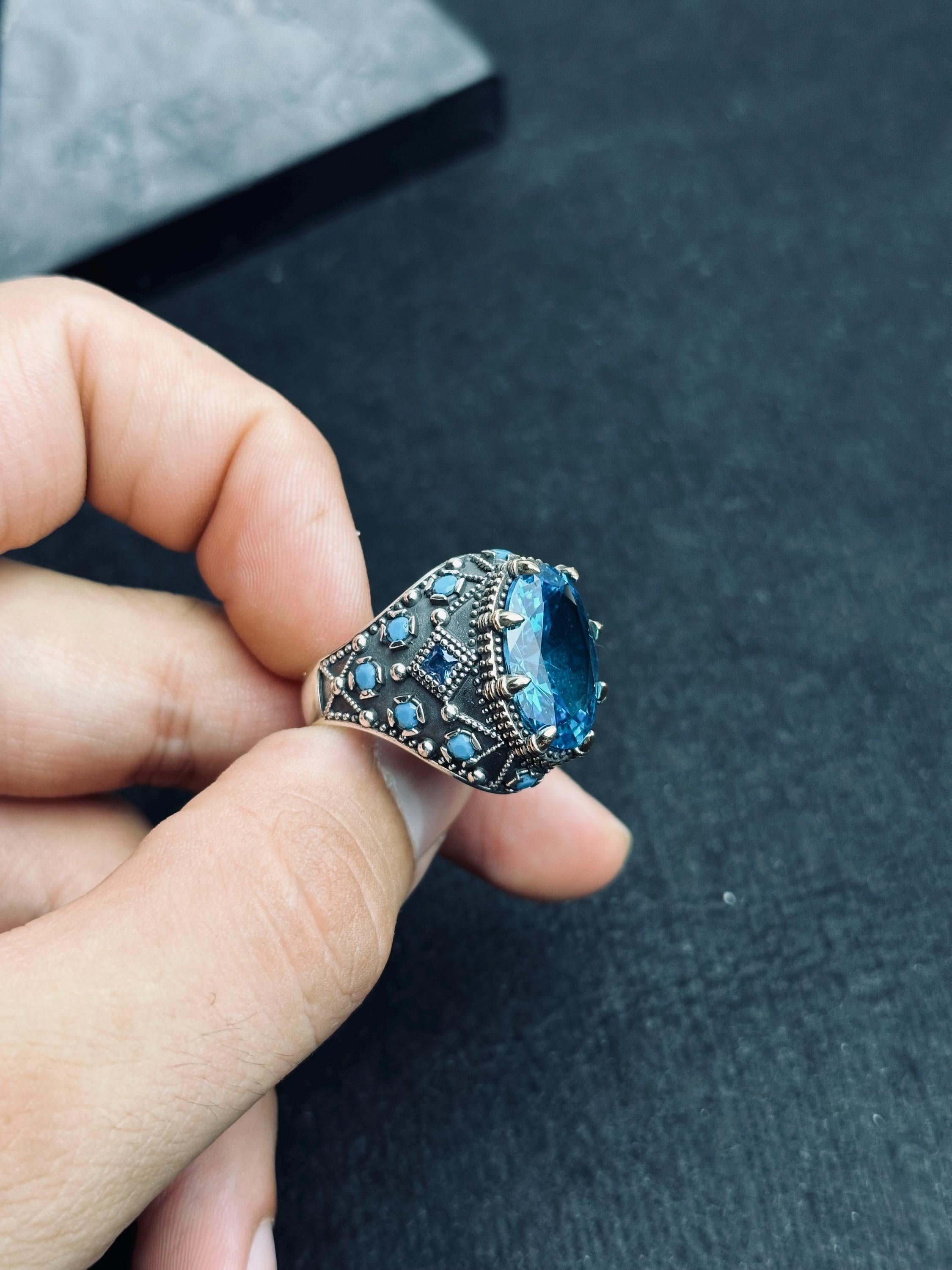 Men's Aquamarine Ring: Handmade Turkish Silver - March Birthstone