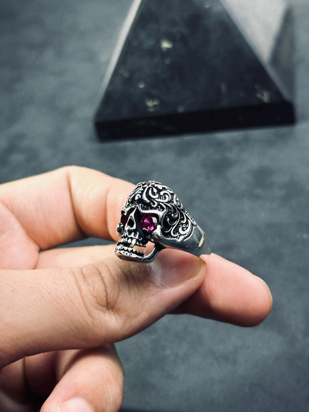 Skull Ring: Sterling Silver Goth Biker Style - Adjustable Fit