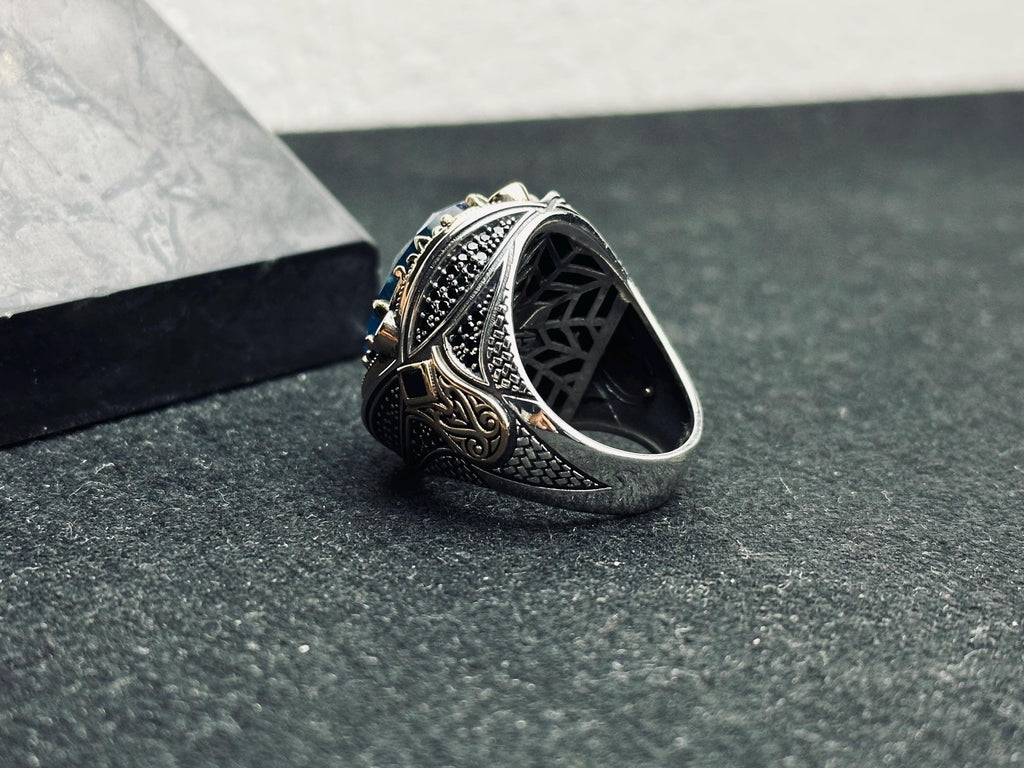 Men's Silver Ring: Aquamarine and Zircon - Arabic Prayer Inscription