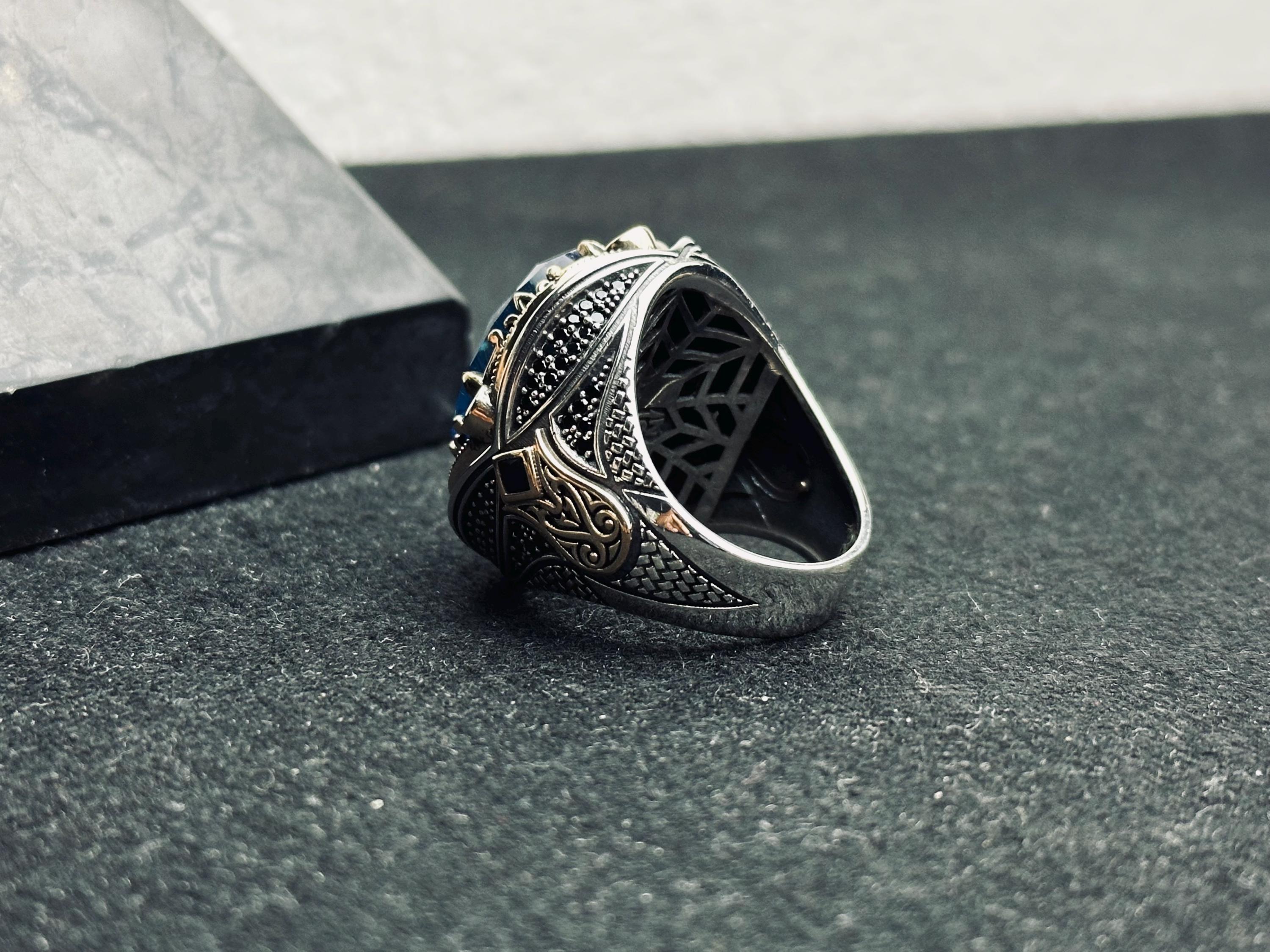 Men's Silver Ring: Aquamarine and Zircon - Arabic Prayer Inscription