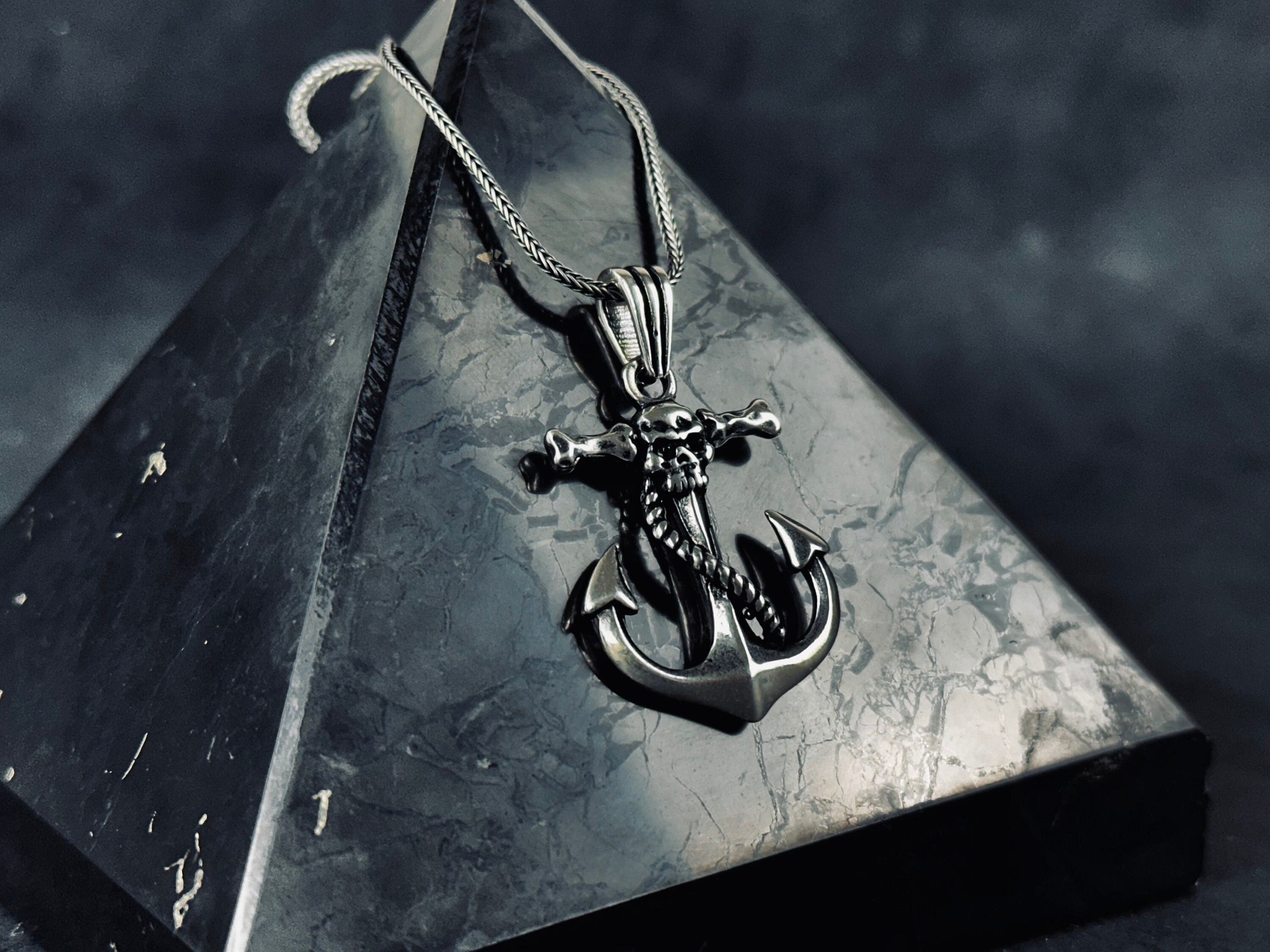 Nautical Silver Necklace, Skull and Anchor Pendant (Adjustable Chain)