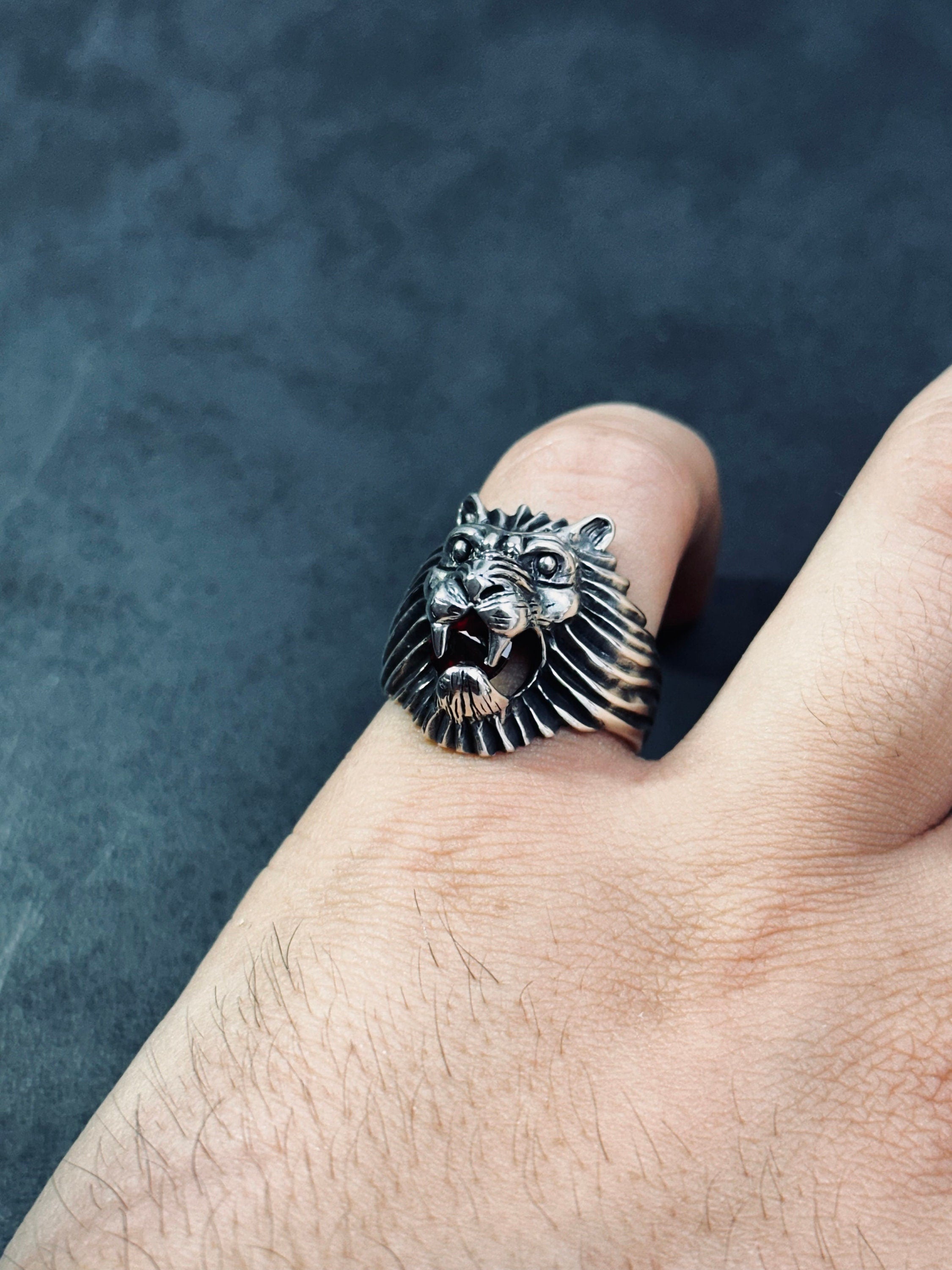 Men's Sterling Silver Lion Ring, Engraved CZ Gemstone (Handmade)