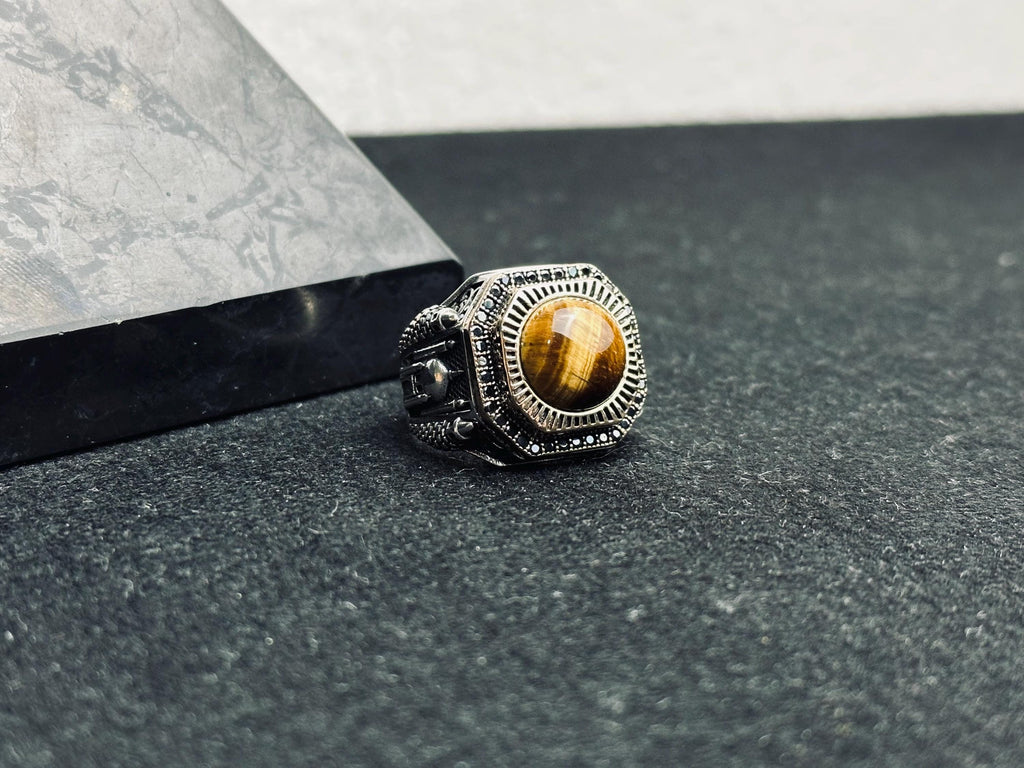 Tiger Eye Statement Ring: Men's Silver Jewelry (Mosque Engraving)