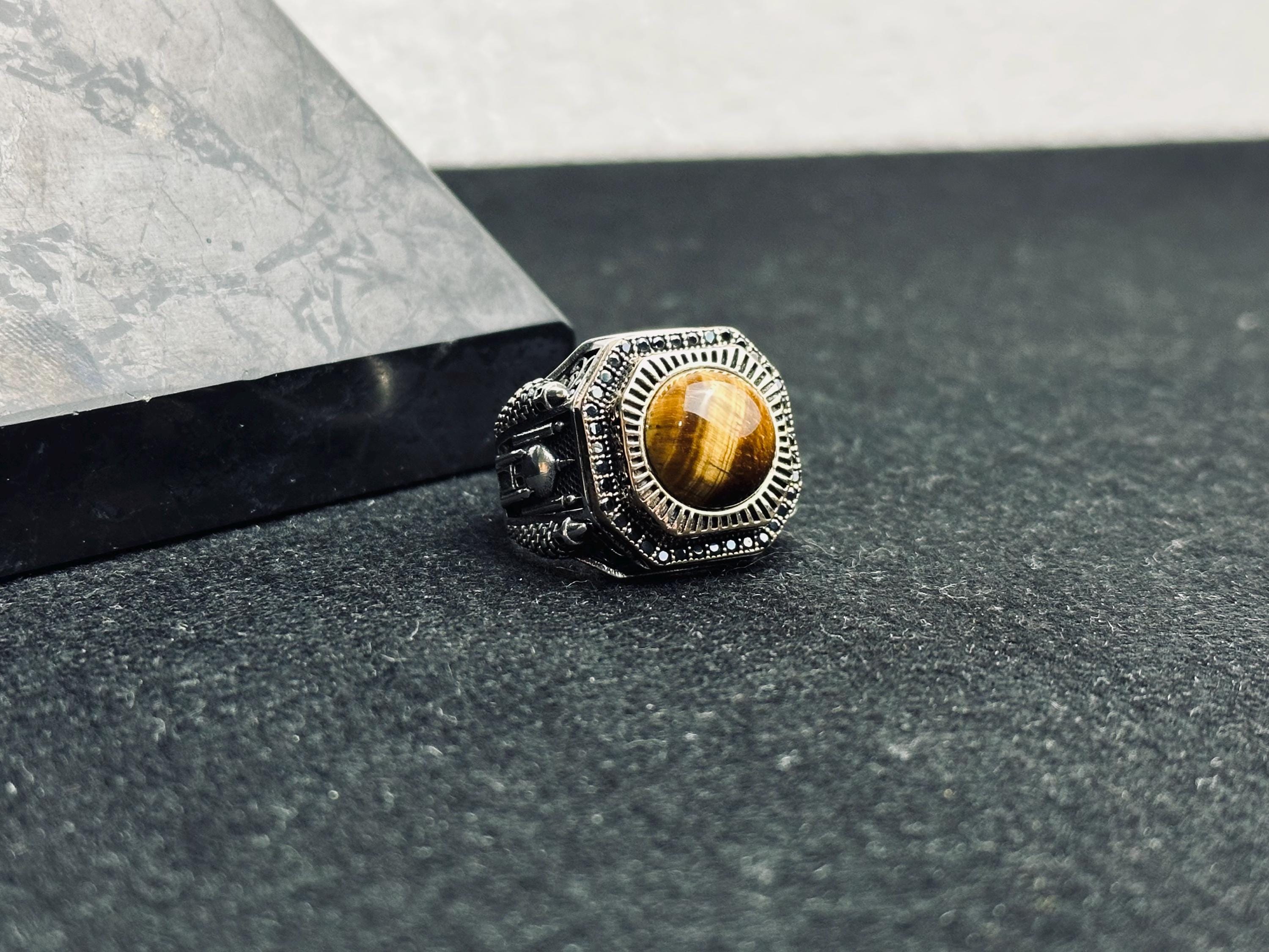 Tiger Eye Statement Ring: Men's Silver Jewelry (Mosque Engraving)