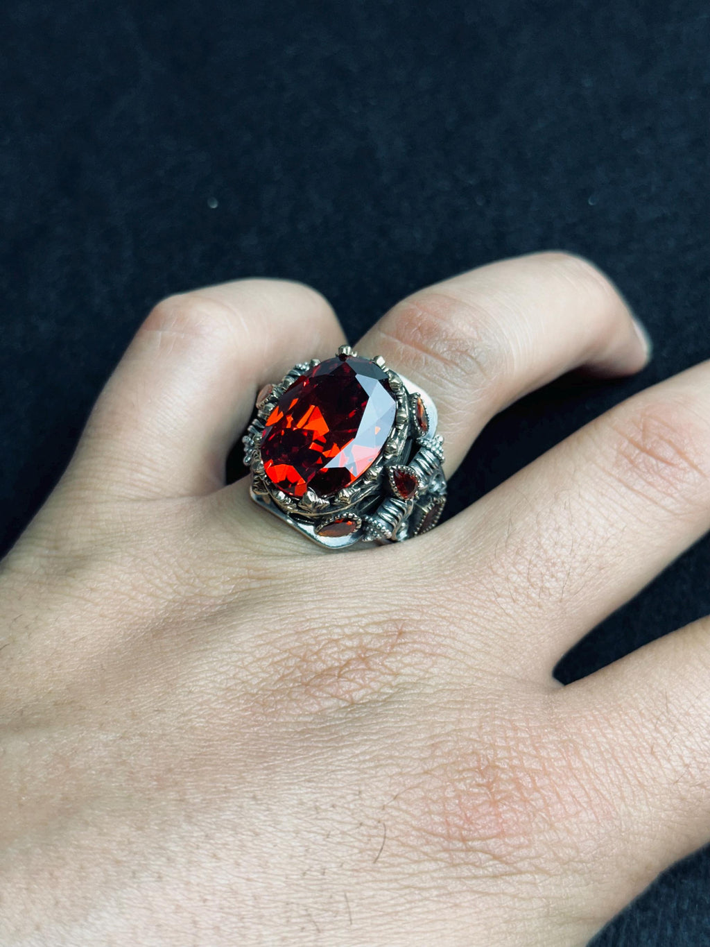 Ruby Signet Ring: Sterling Silver Artisan Design - Zircon Detail