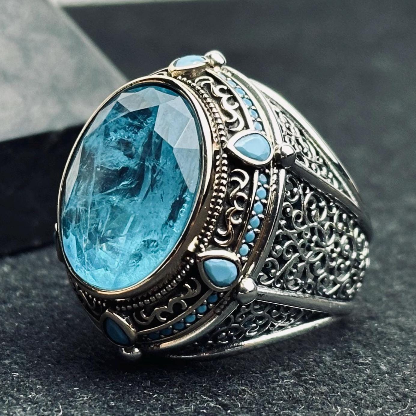 Aquamarine Statement Ring: Handmade Turkish Silver (Men's Size)