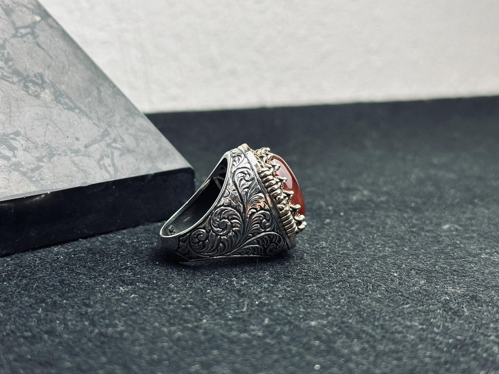 Red Aqeeq Ring for Men: Oval Agate Stone, Sterling Silver