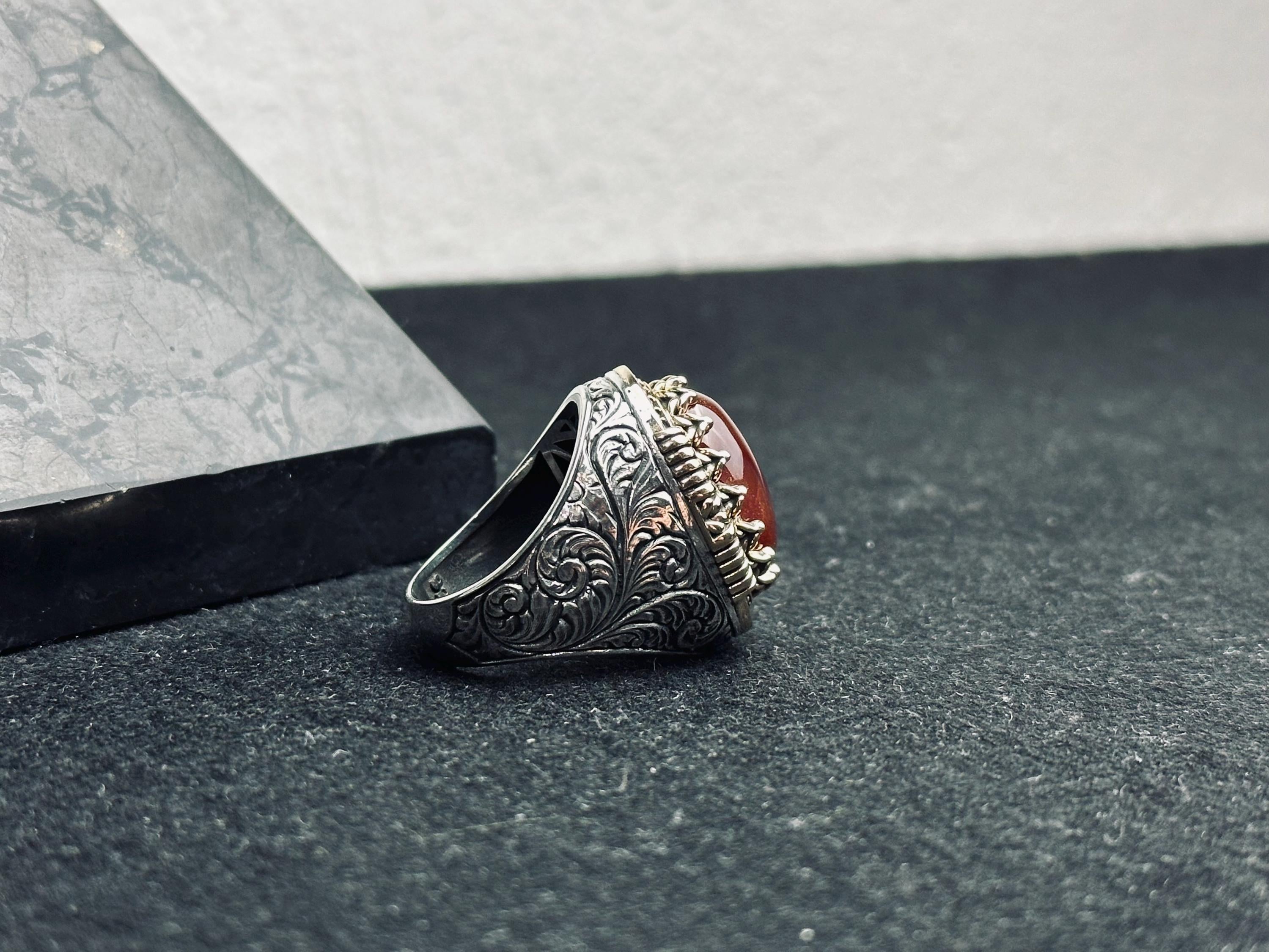 Red Aqeeq Ring for Men: Oval Agate Stone, Sterling Silver