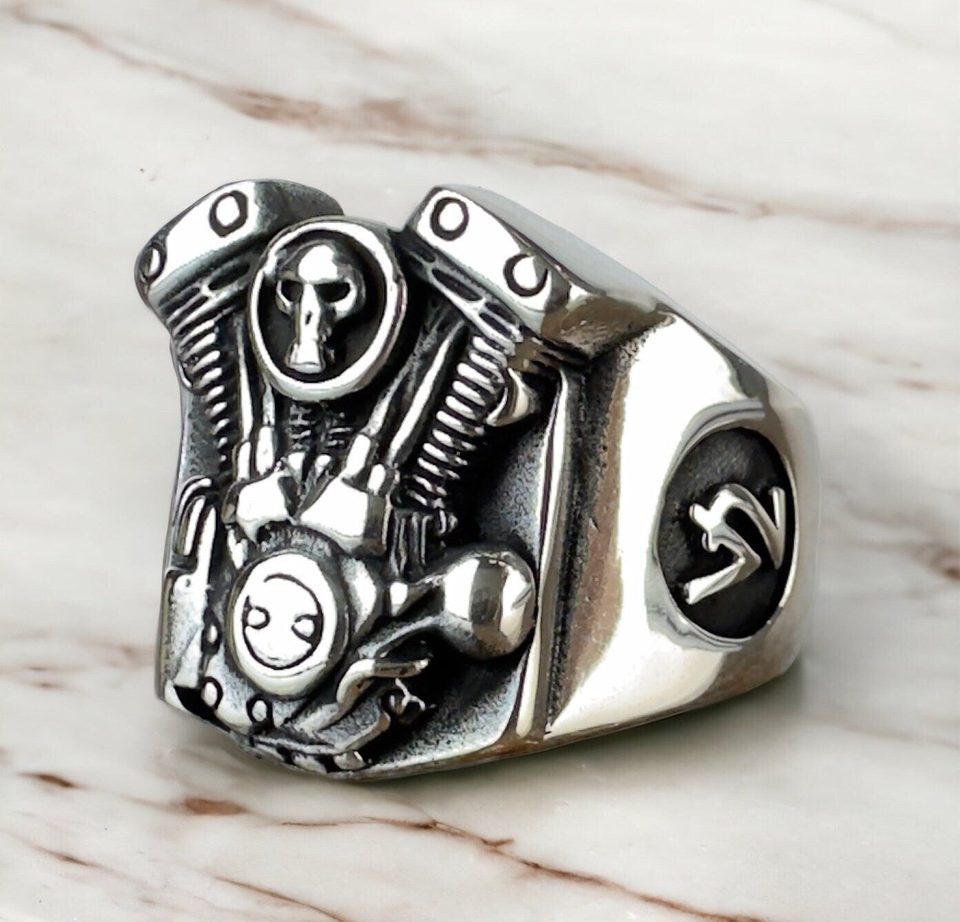 Engine Skull Motorcycle Ring: Handmade Sterling Silver