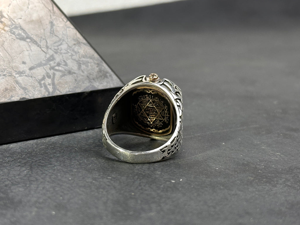 Aqeeq Ring: Green Agate Stone, Double Side Design (Sterling Silver)