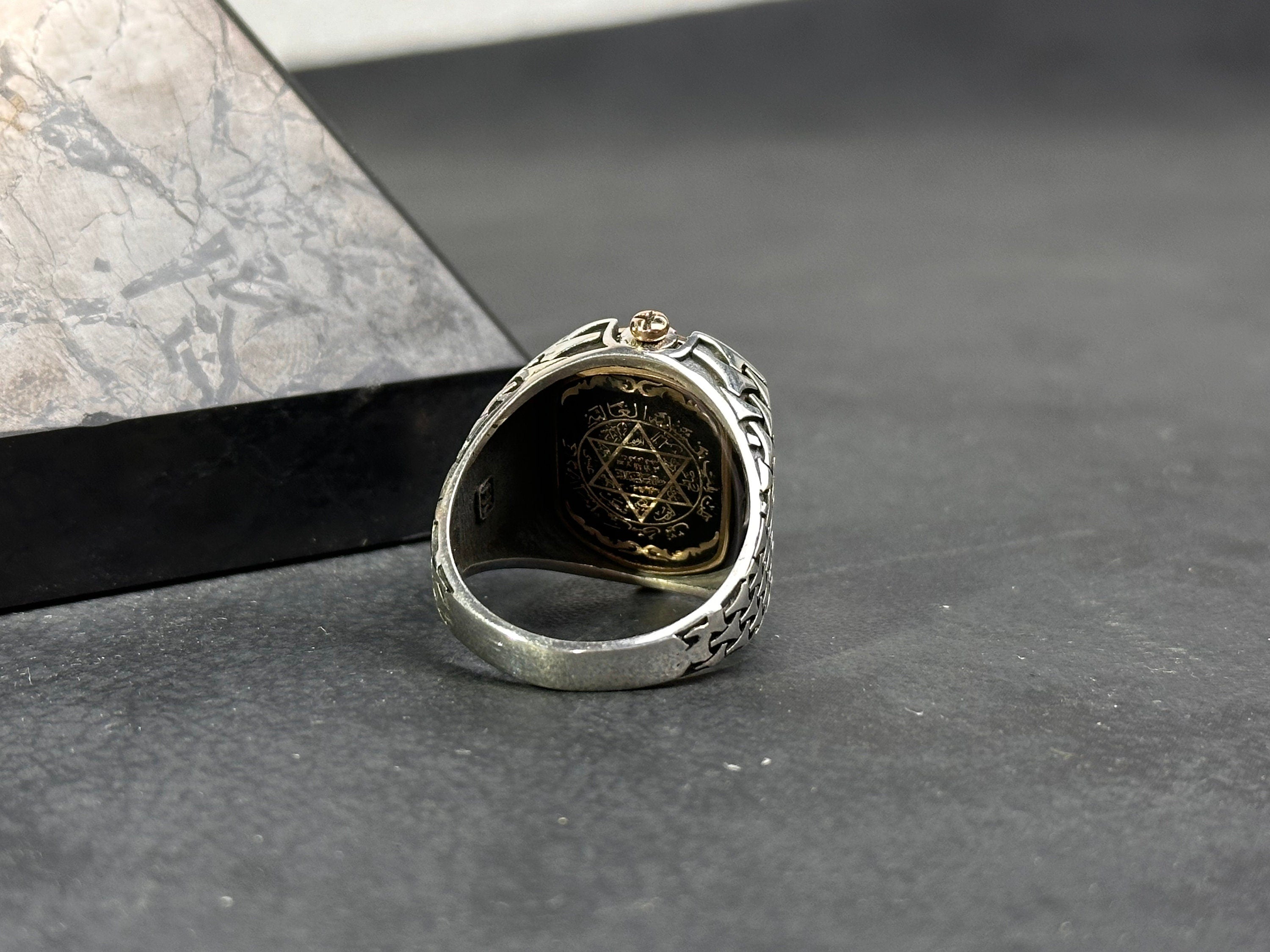 Aqeeq Ring: Green Agate Stone, Double Side Design (Sterling Silver)