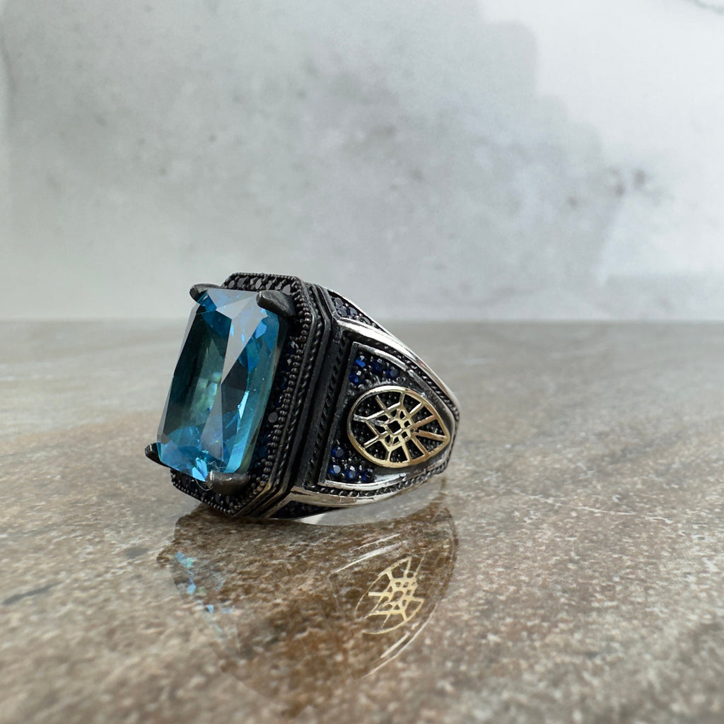 Men's Sterling Silver Ring: Blue Zirconia Stone - Handmade Jewelry