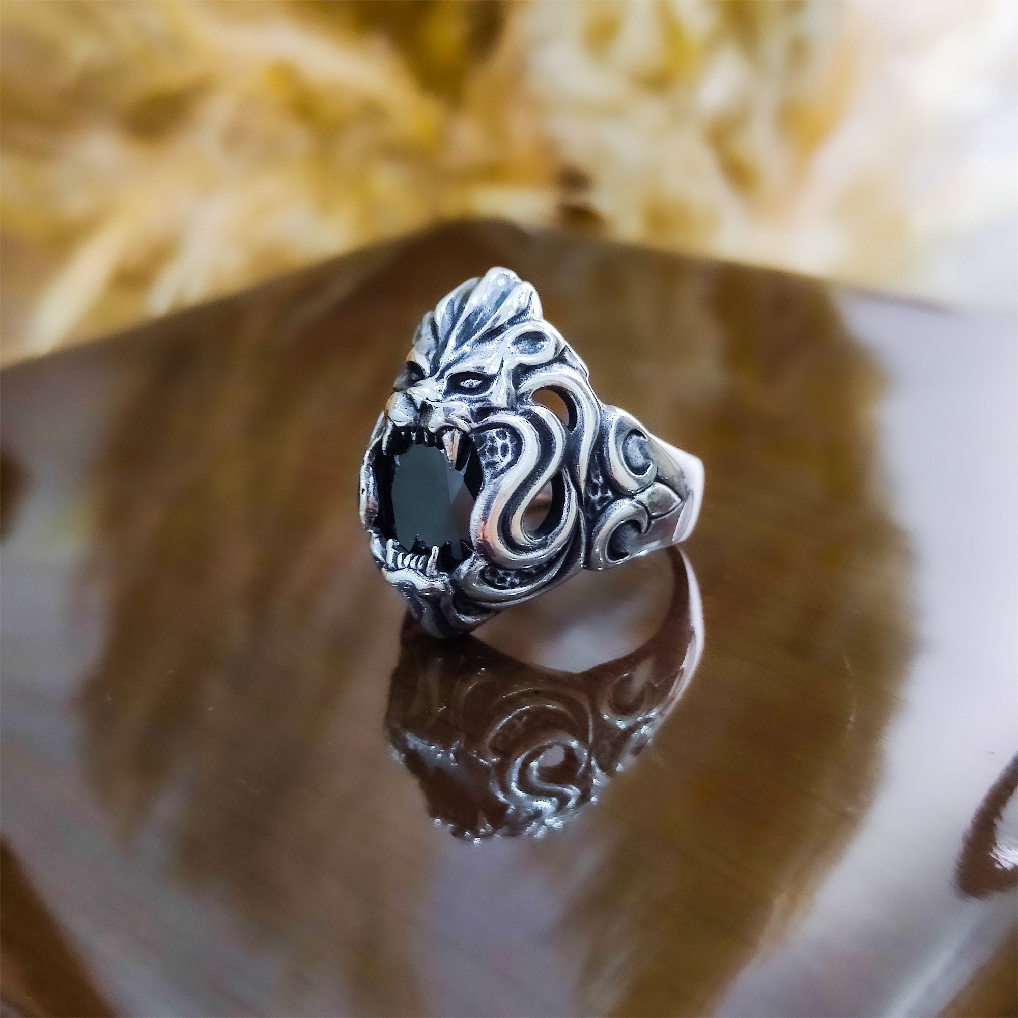 Black Zircon Lion Head Ring - Sterling Silver Men's Statement