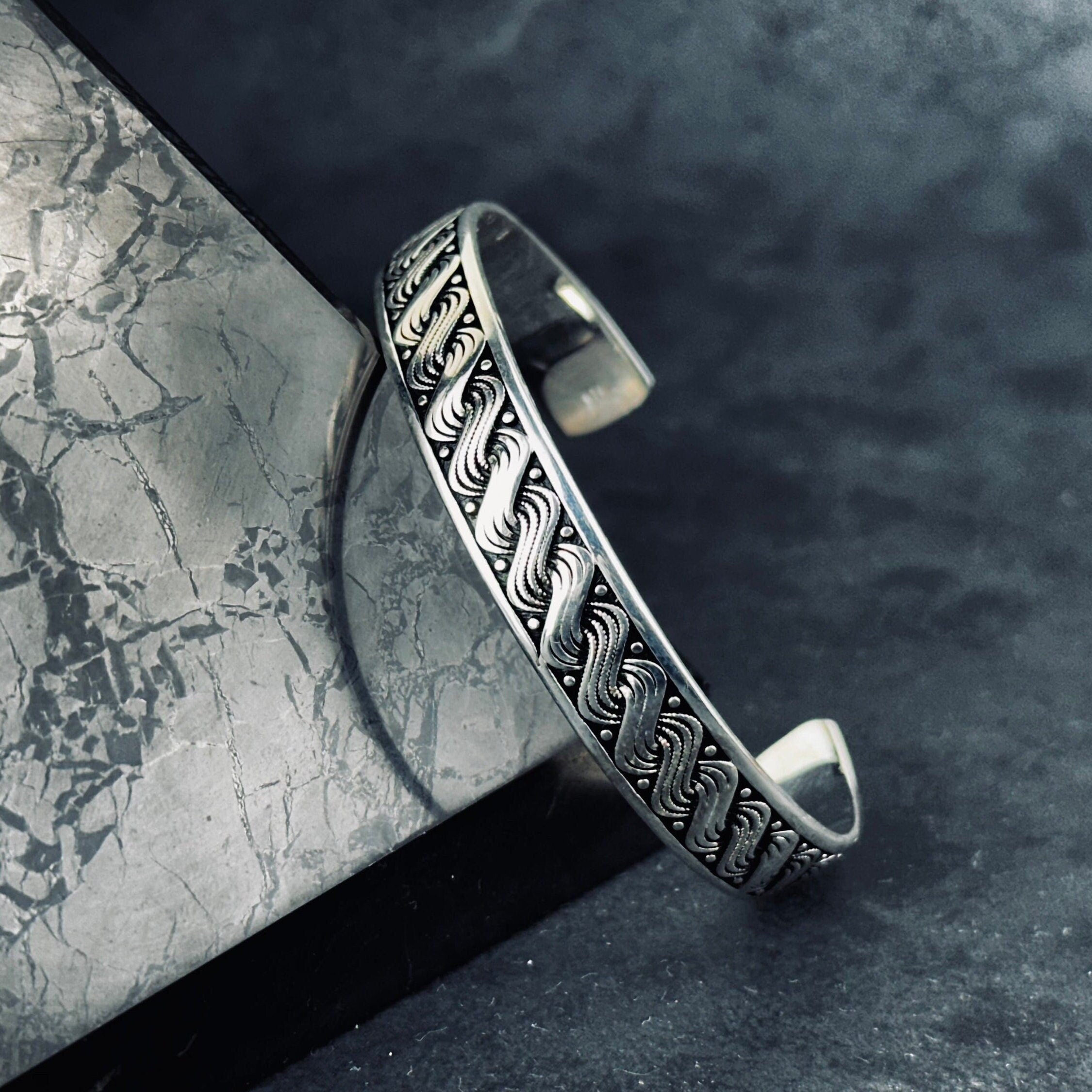 Sterling Silver Hand Cuff: Wave Knit Design - Adjustable Unisex