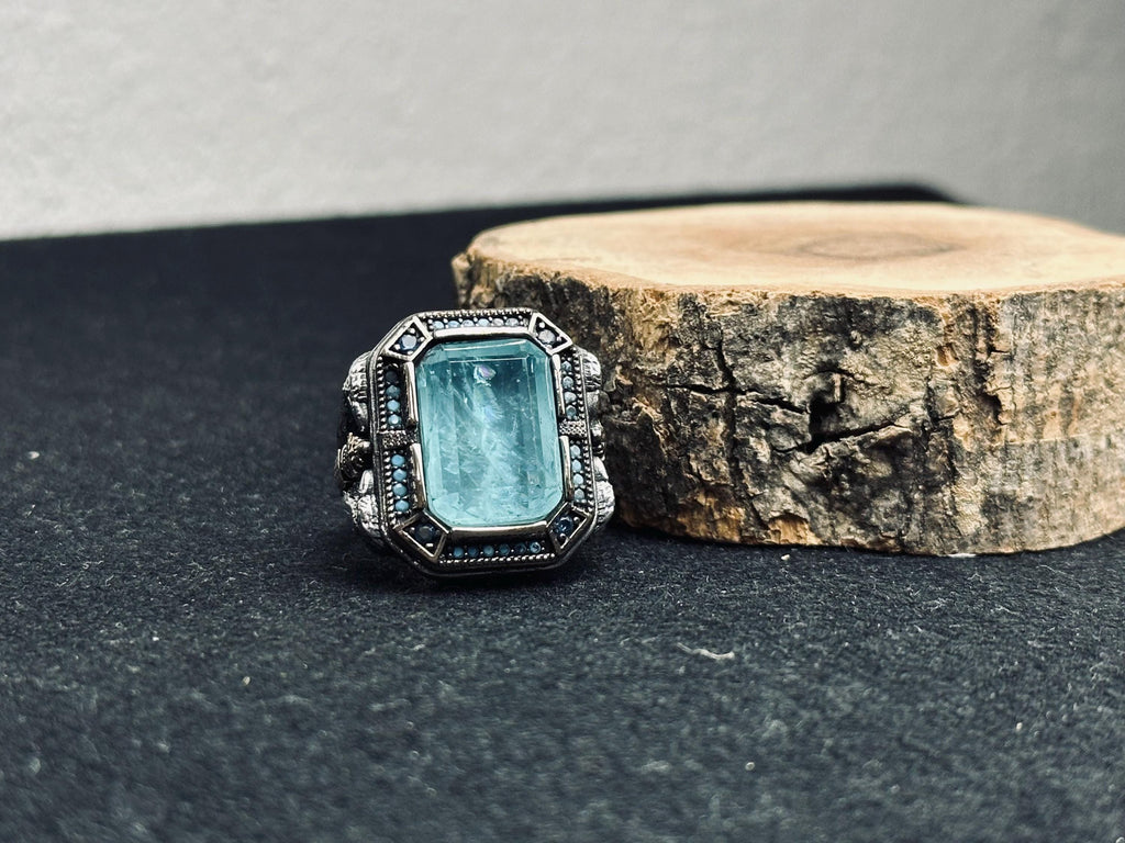 Aquamarine Men's Ring: Twin Eagle Heads, Sterling Silver