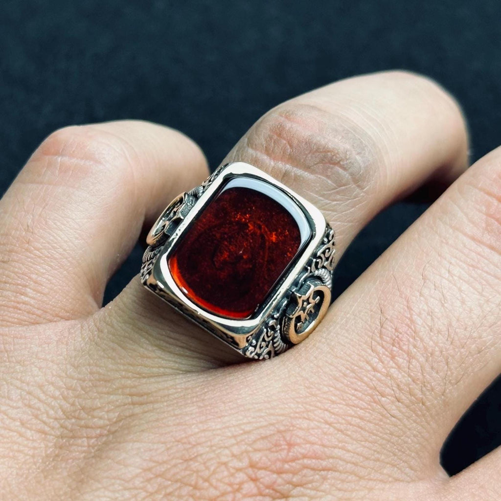 Square Amber Men's Ring - Sterling Silver, Moon and Star Accent