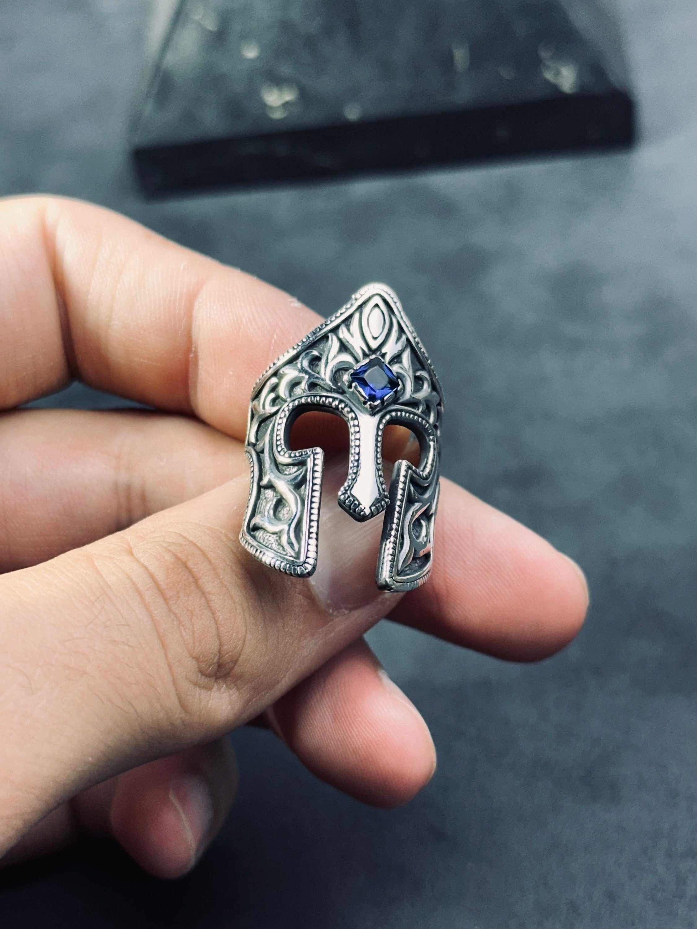 Spartan Helm Ring, Sterling Silver with Blue Zircon (Men's Size)