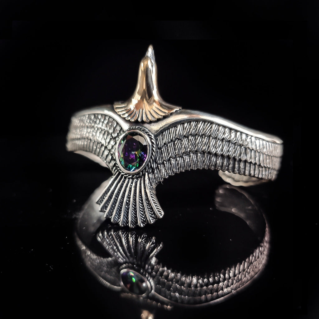 Sterling Silver Eagle Cuff Bracelet, Mystic Topaz Stone (Handmade)