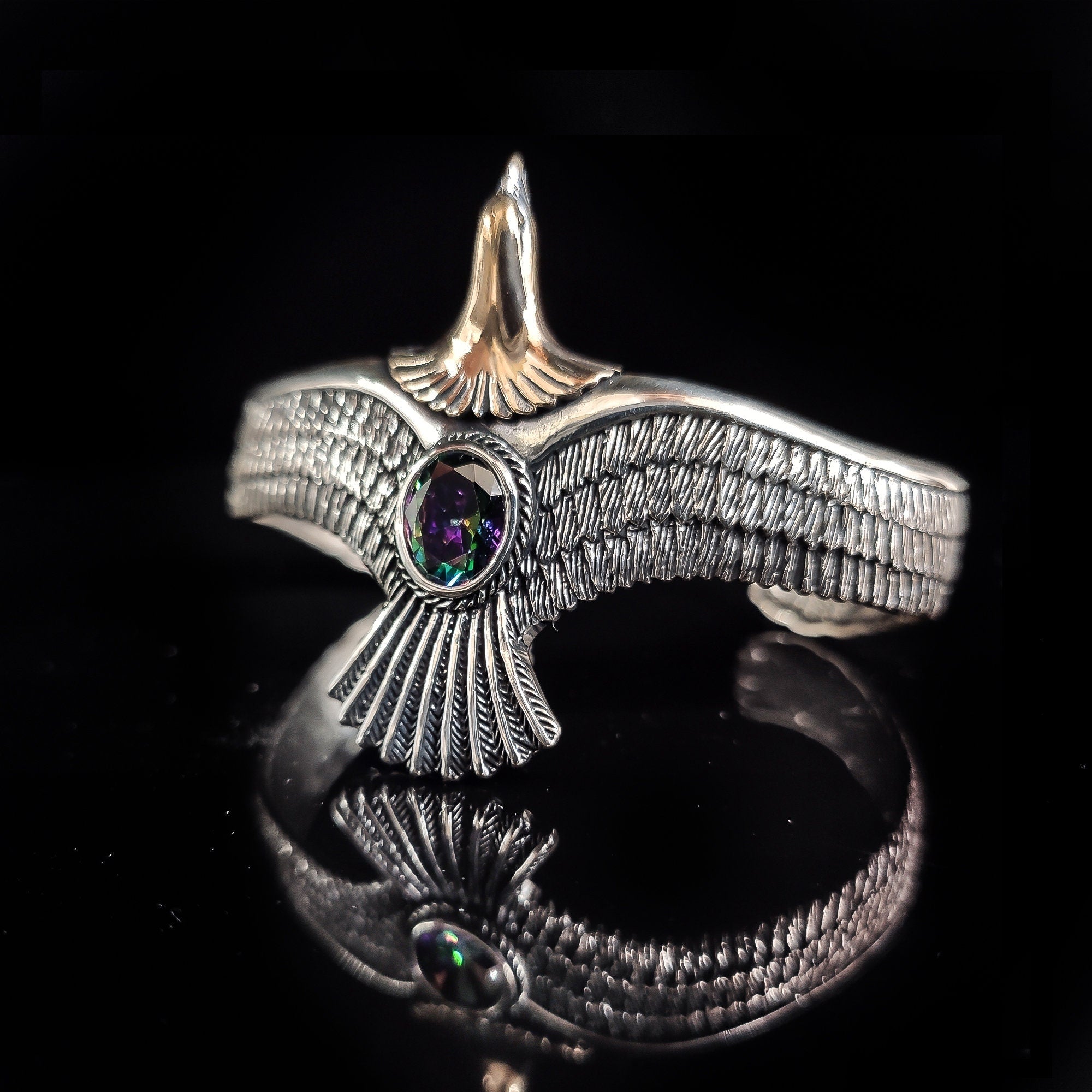 Sterling Silver Eagle Cuff Bracelet, Mystic Topaz Stone (Handmade)