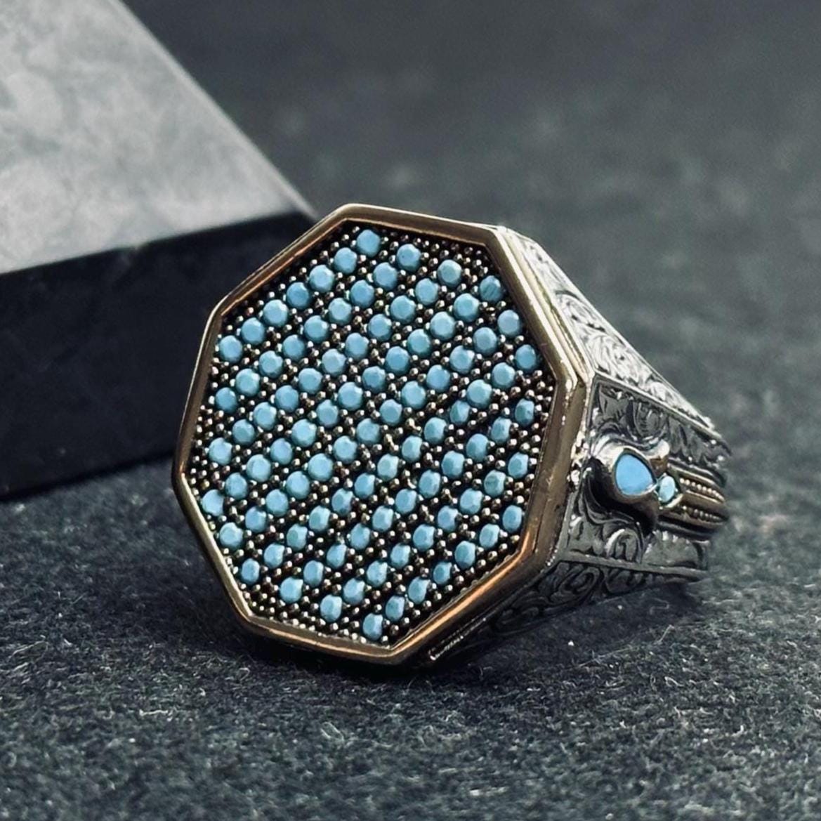Octagon Turquoise Ring: Men's Geometric Style (Sterling Silver)