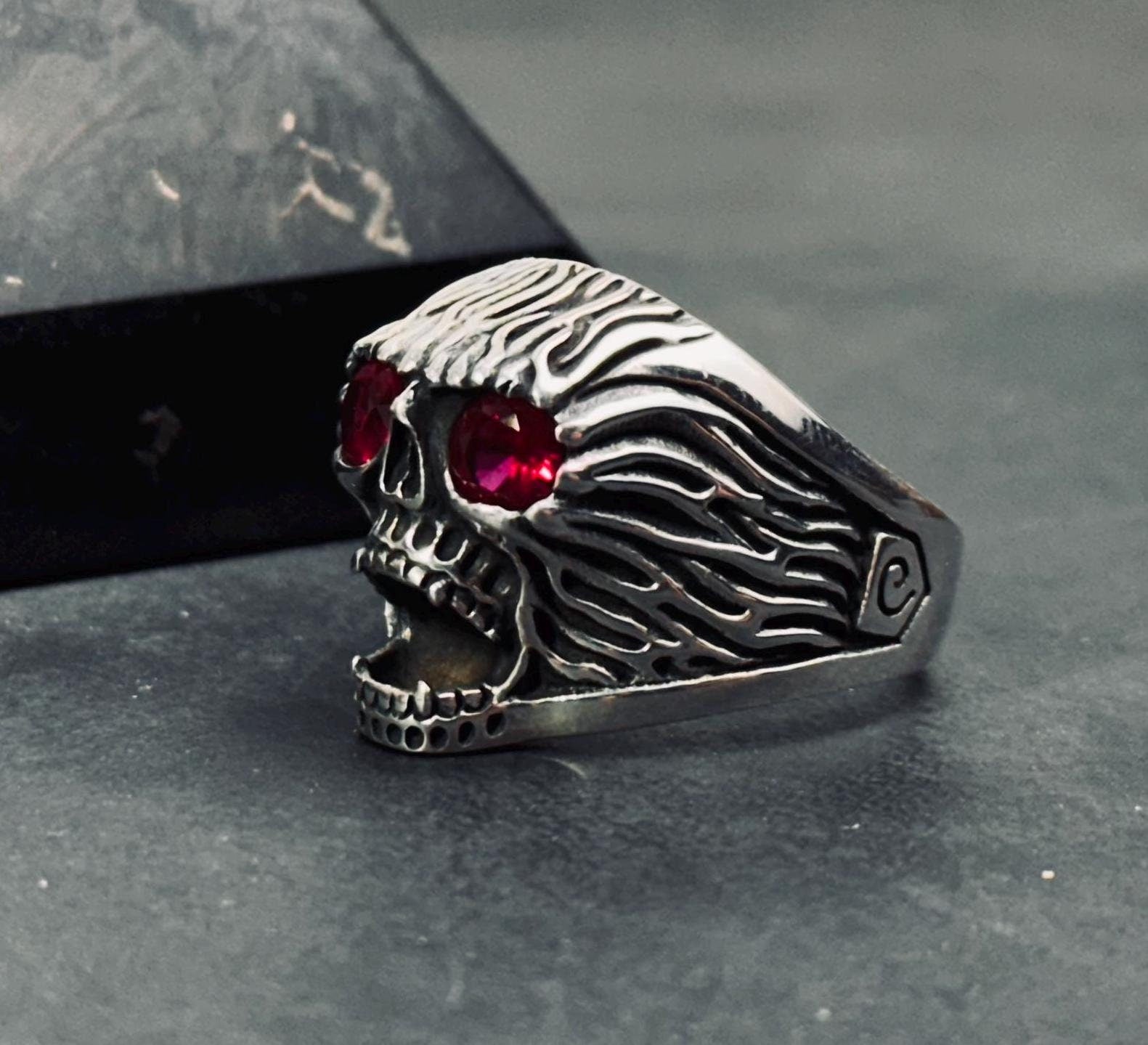 Engraved Skull Biker Ring: Sterling Silver, Handmade Goth Jewelry