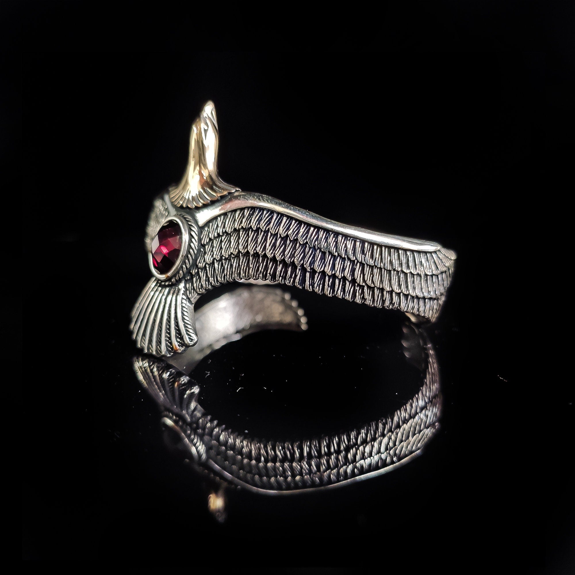 Eagle Bracelet: Red Zircon Sterling Silver Cuff (Handmade)