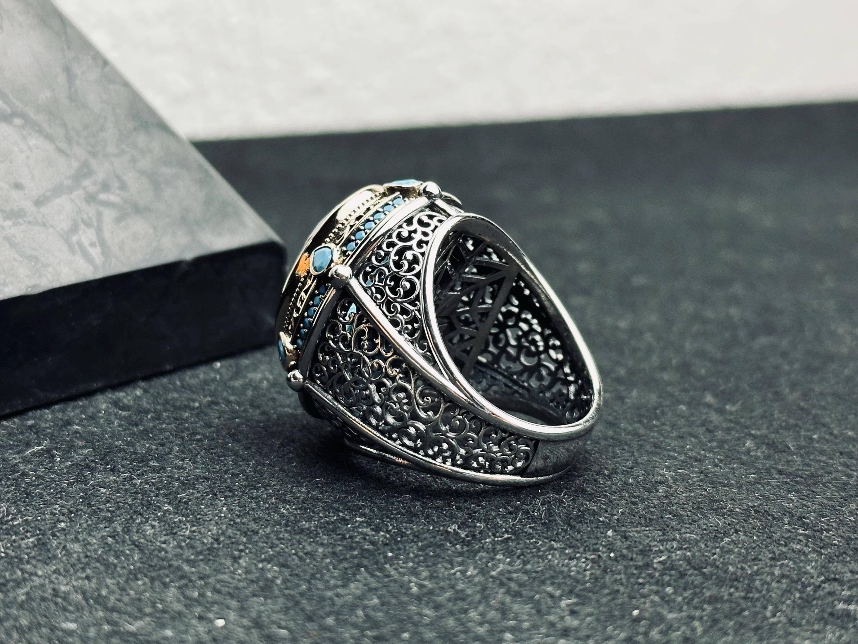 Aquamarine Statement Ring: Handmade Turkish Silver (Men's Size)