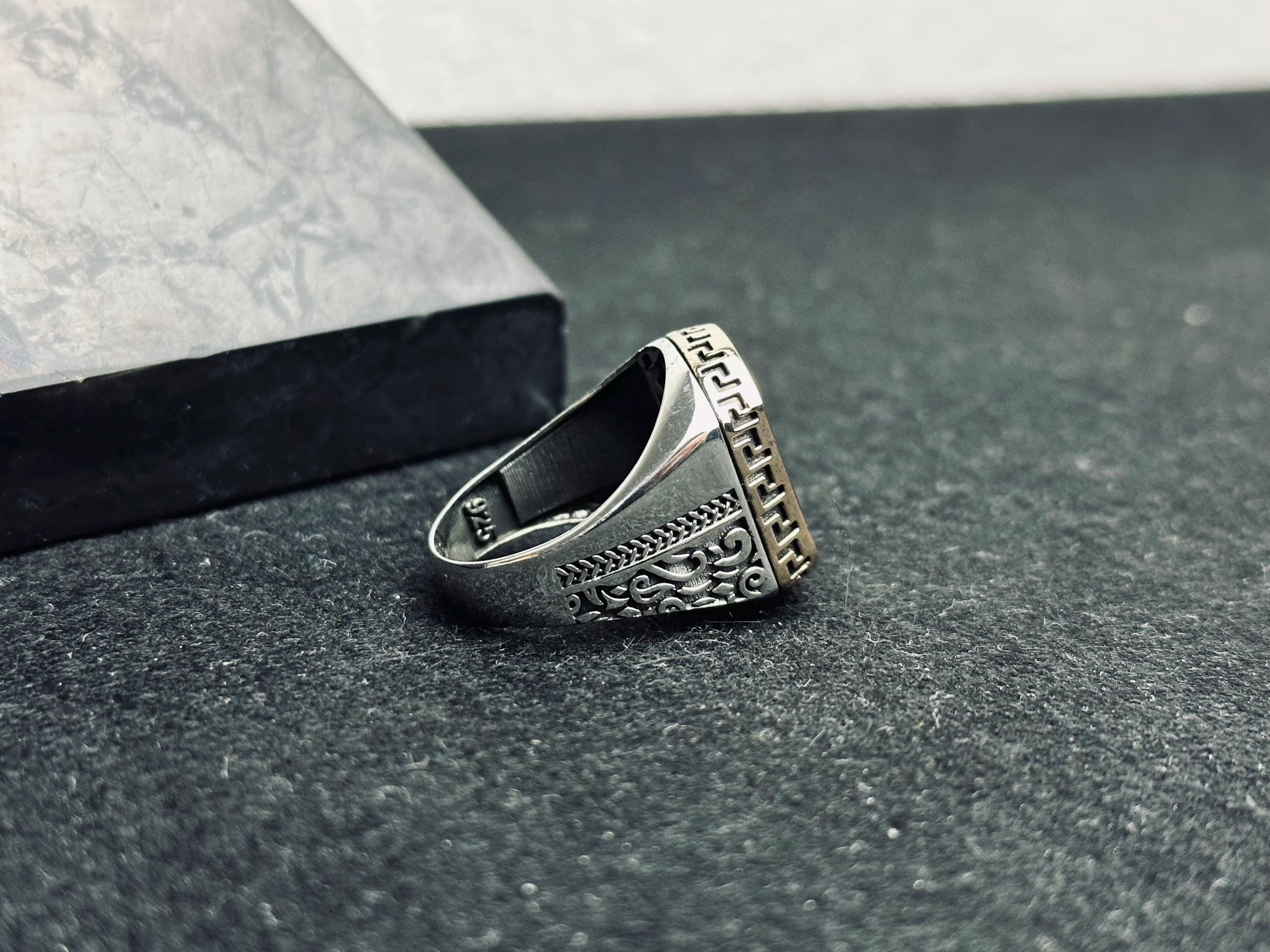 Ottoman Black Onyx Ring: Crescent Star, 925 Sterling Silver
