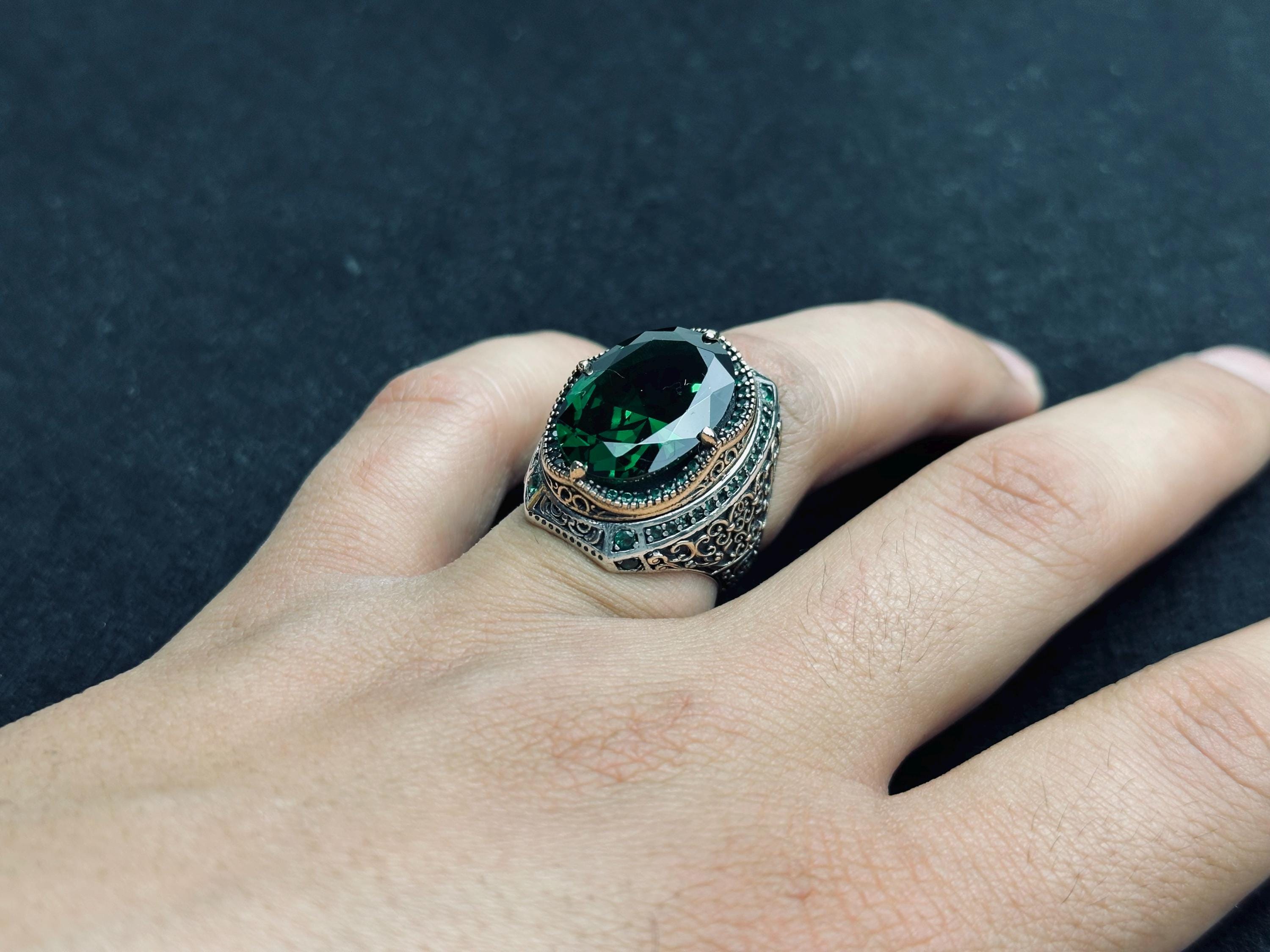 Colombian Emerald Men’s Ring, Oval Stone, Eagle Detail (Sterling Silver)
