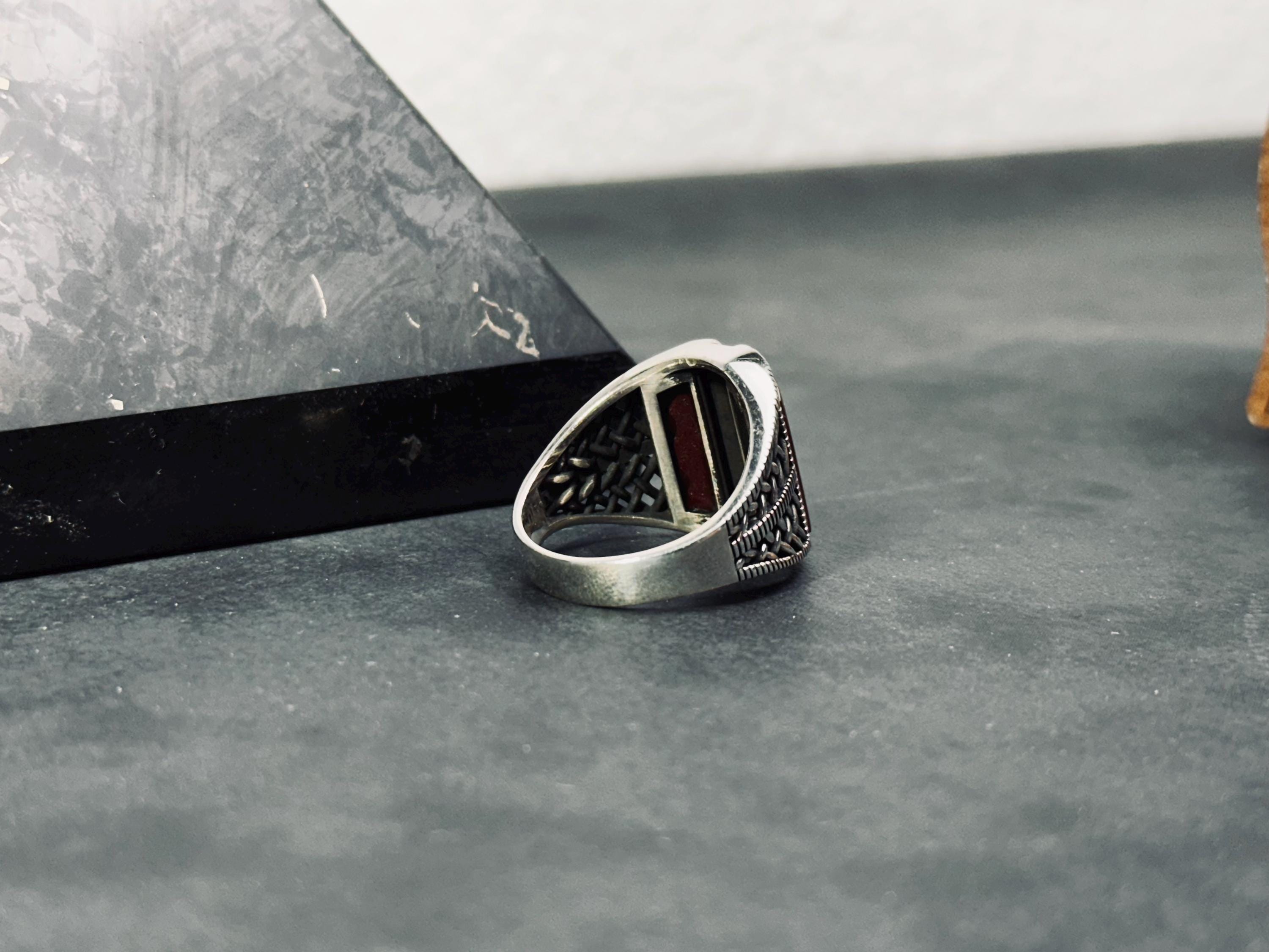 Red Aqeeq Agate Ring - Handmade Sterling Silver for Men