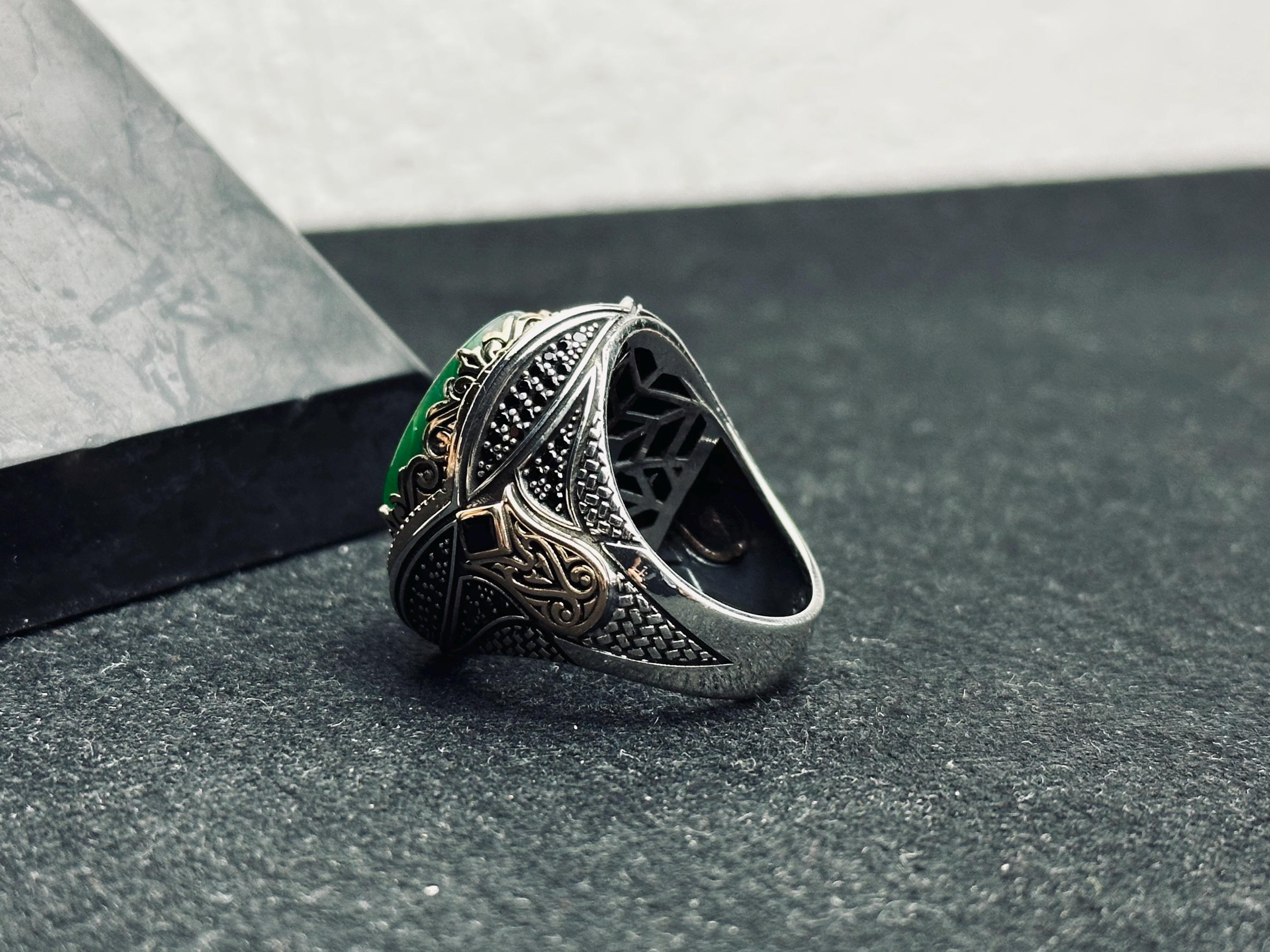 Solomon Seal Ring: Handmade Sterling Silver with Green Amber