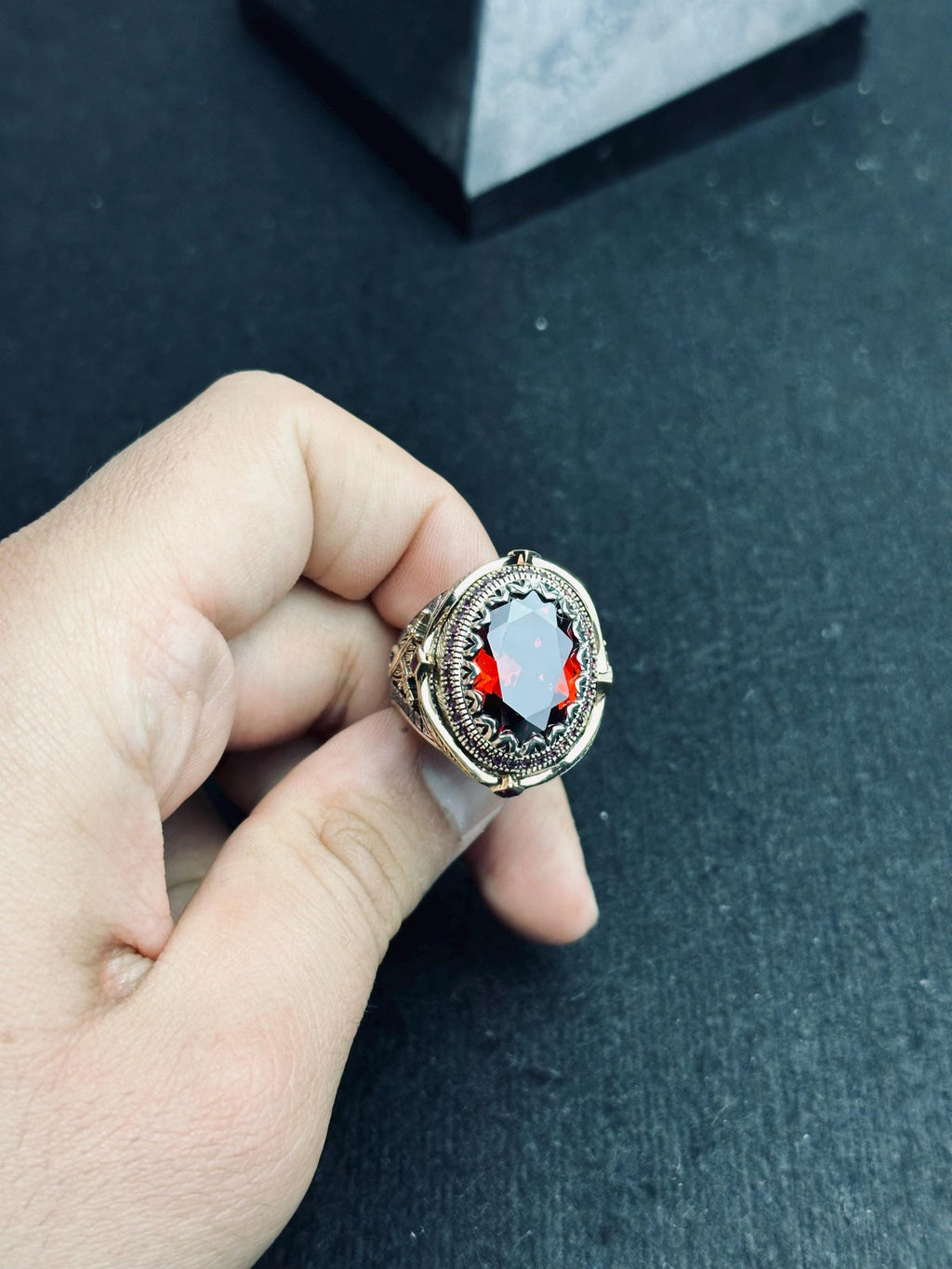Ottoman Style Ruby Ring - Handmade Turkish Sterling Silver