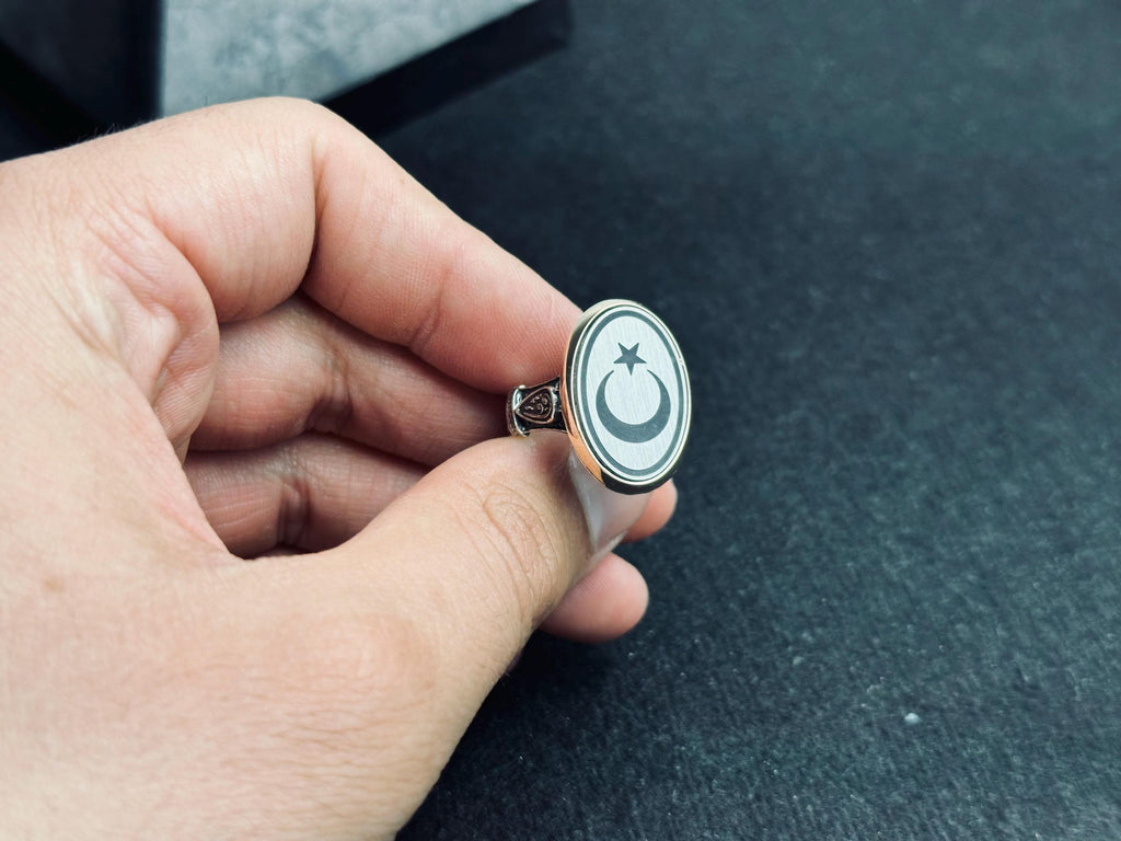 Moon and Star Men's Ring - Bold Oval Sterling Silver Band