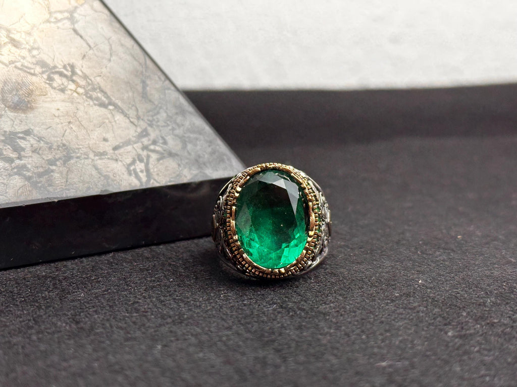 Oxidized Sterling Silver Ring - Green Cubic Zirconia Stone for Men