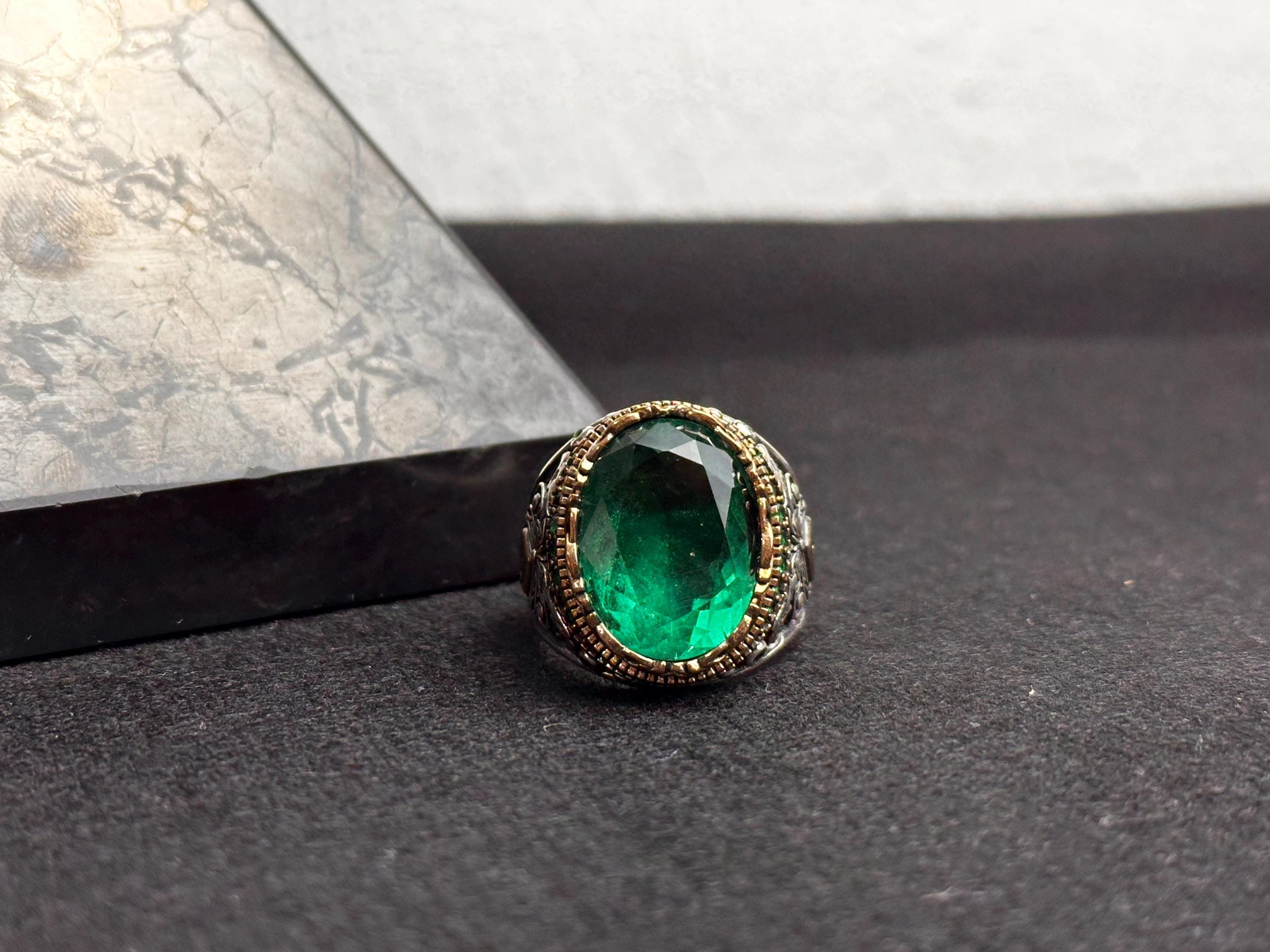 Oxidized Sterling Silver Ring - Green Cubic Zirconia Stone for Men