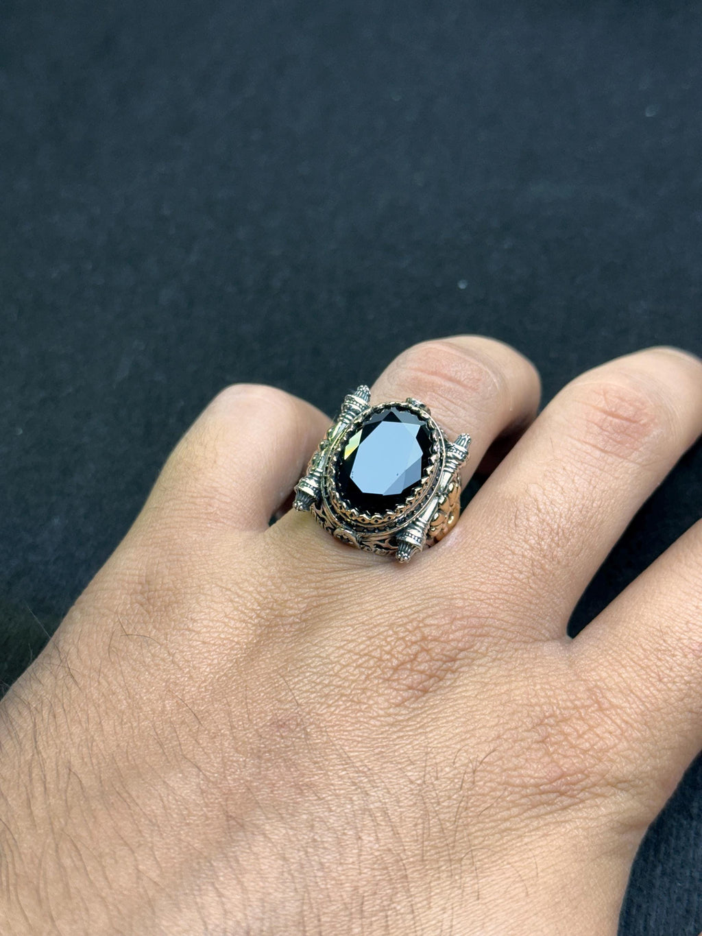 Sterling Silver Men's Ring, Black Zircon Statement (Handmade)