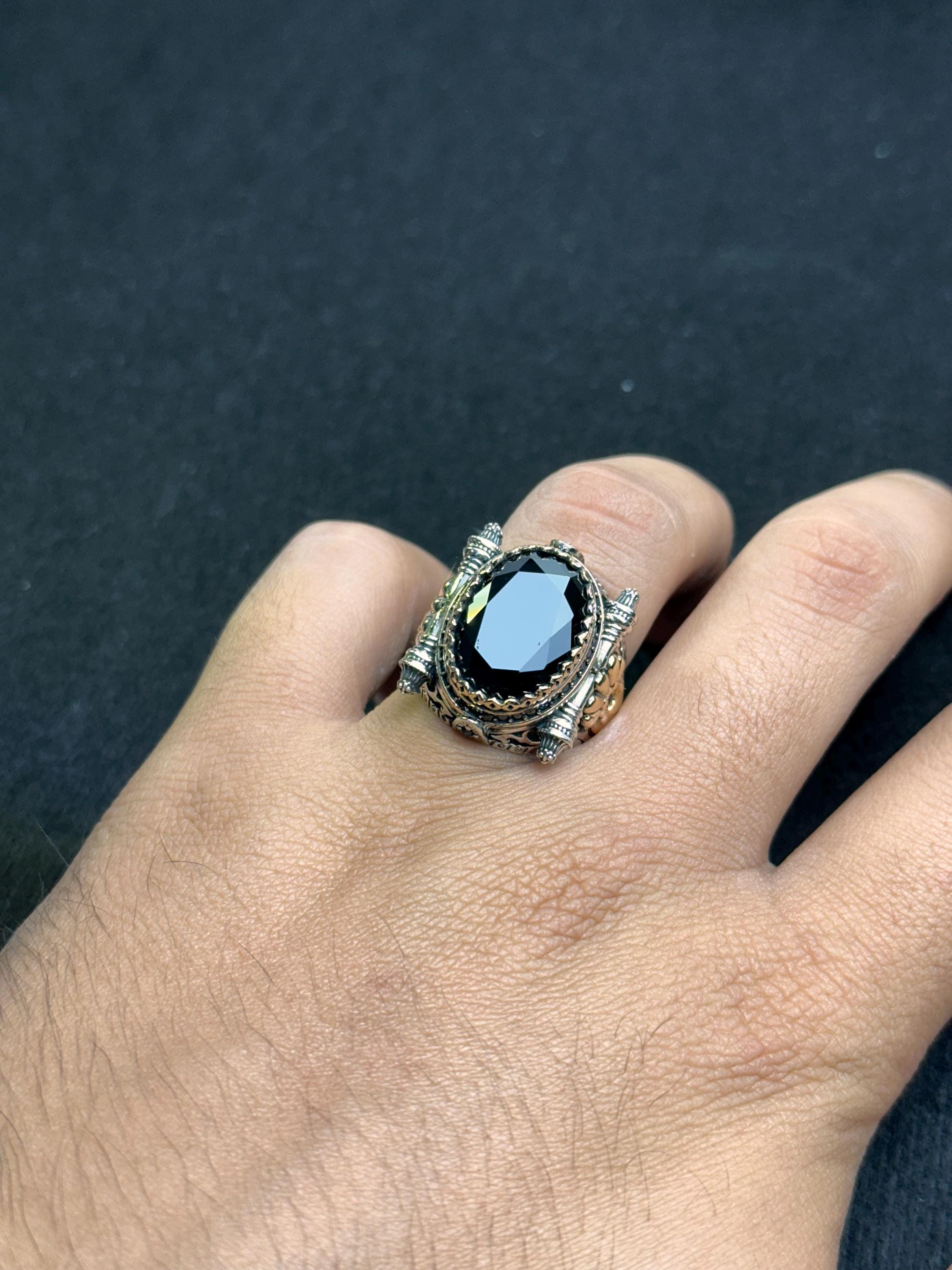 Sterling Silver Men's Ring, Black Zircon Statement (Handmade)