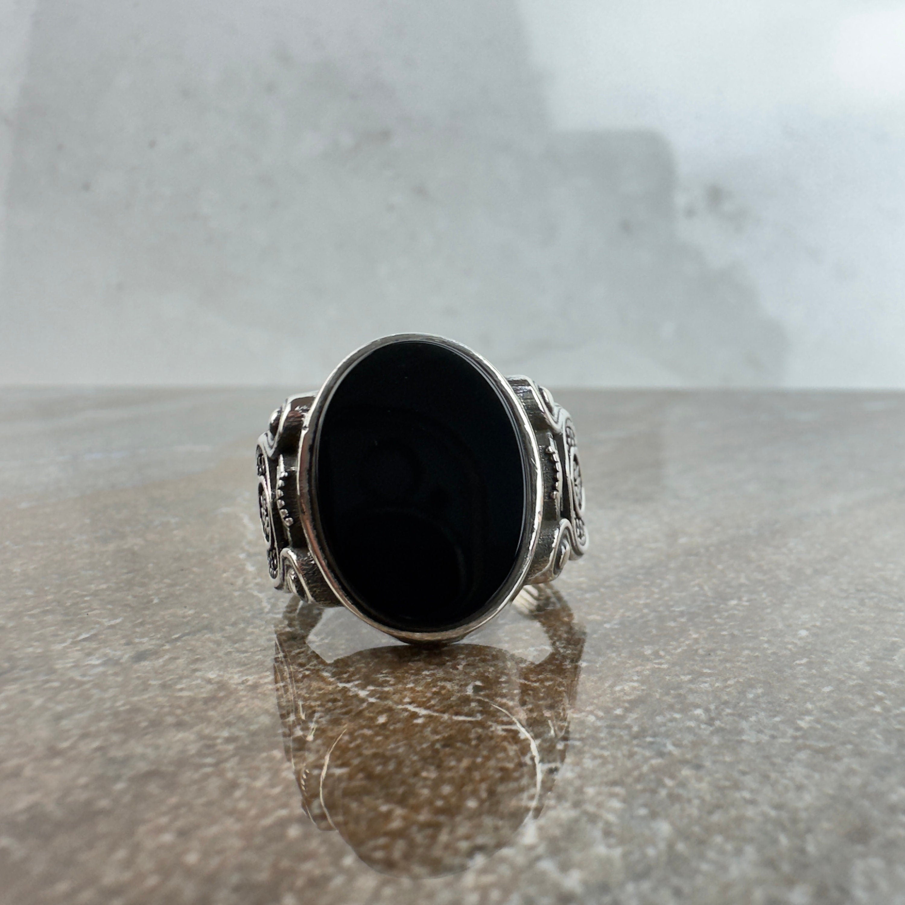 Sterling Silver Ring: Onyx Gemstone with Eagle Design - Handmade
