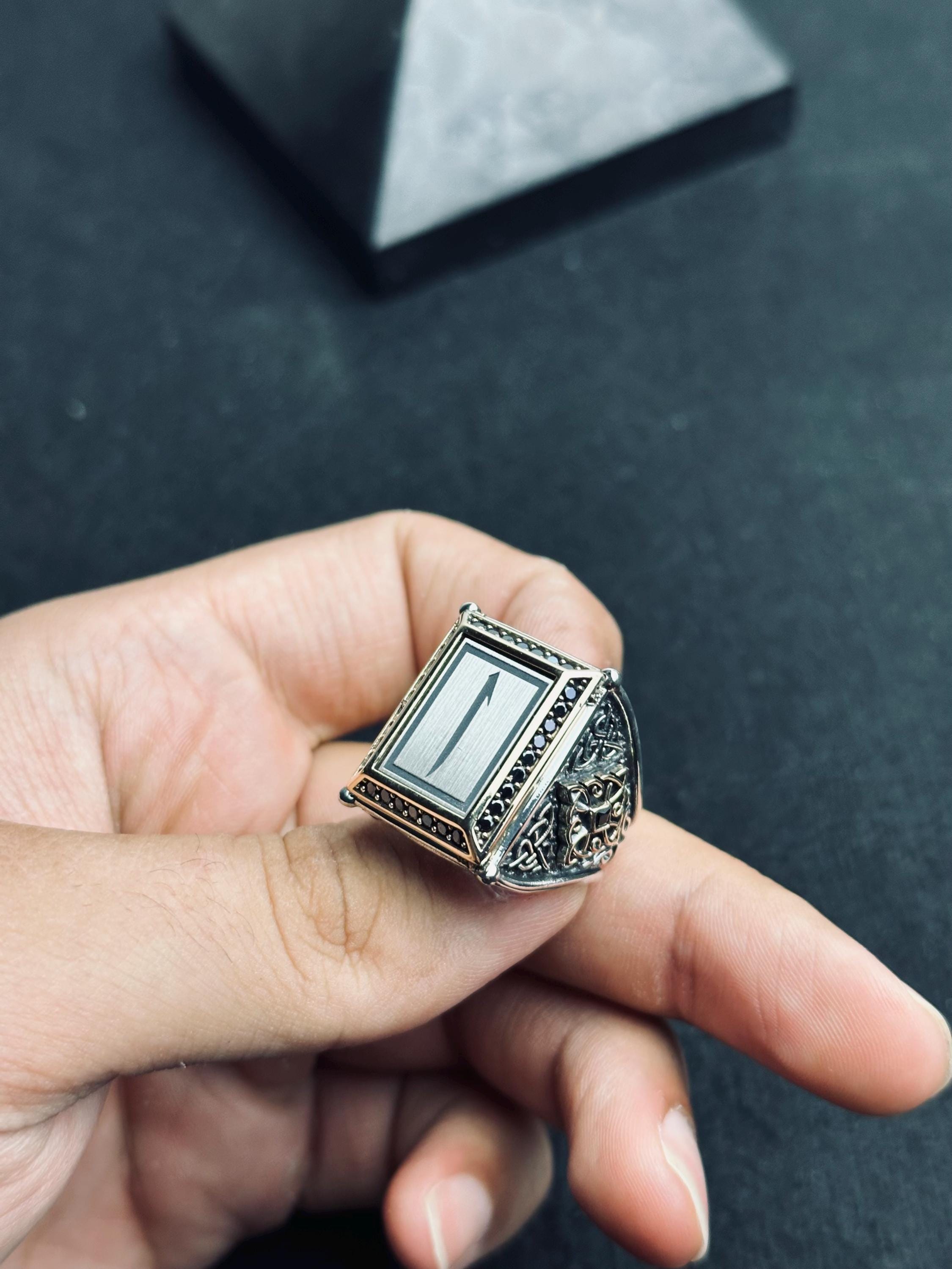 Square Elif Vav Ring: Turkish Sterling Silver - Ottoman Calligraphy Design