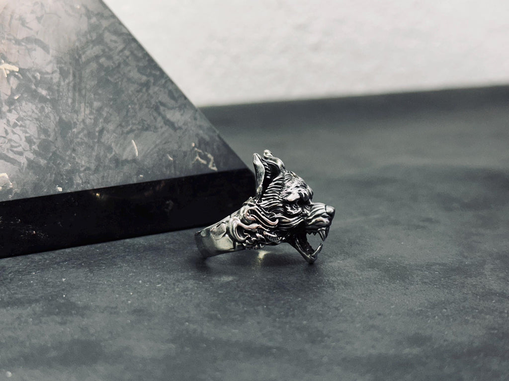 Wolf Head Ring: Gothic Sterling Silver (Handmade, Gift Box)