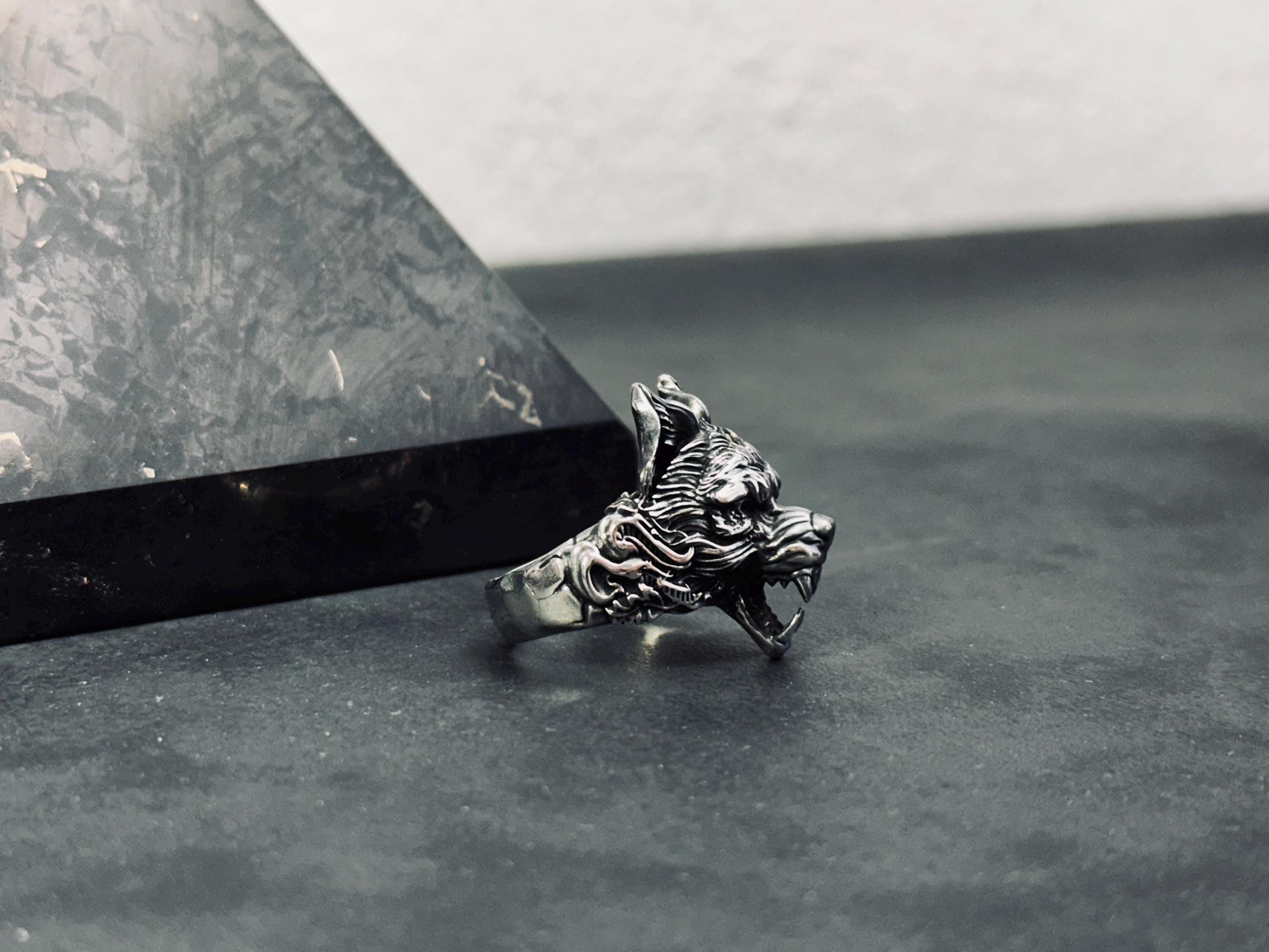 Wolf Head Ring: Gothic Sterling Silver (Handmade, Gift Box)
