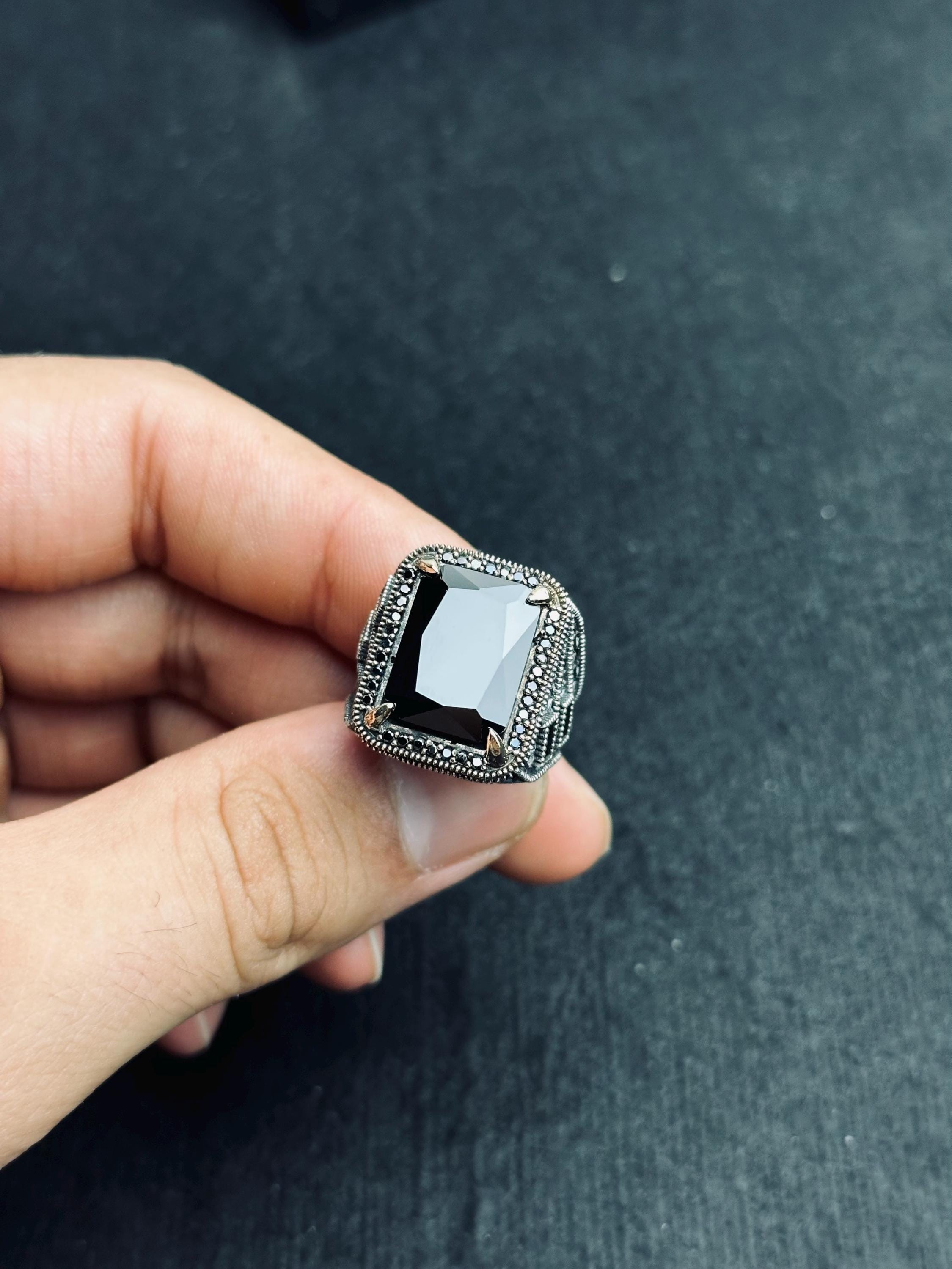 Black Zircon Men's Ring - Sterling Silver Ottoman Style