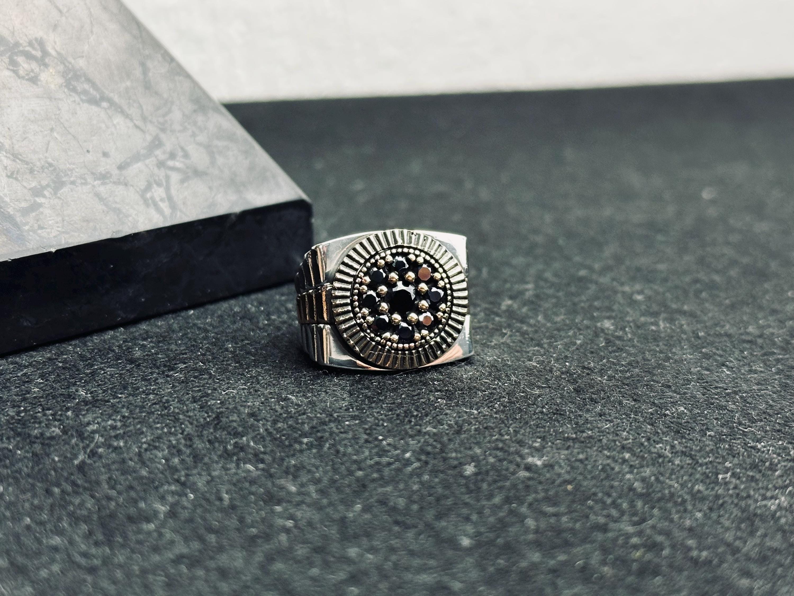 Geometric Men's Silver Ring - Stone Cluster Statement Design