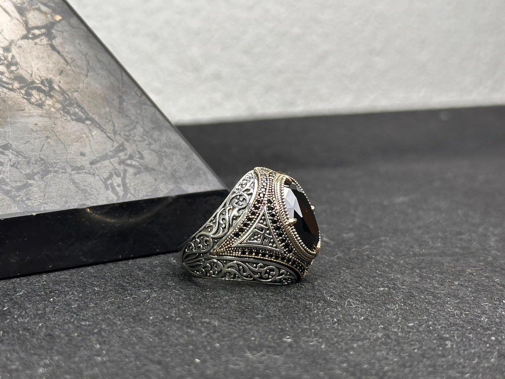 Men's Silver Ring: Handmade 925 Sterling - Black Zircon Stone